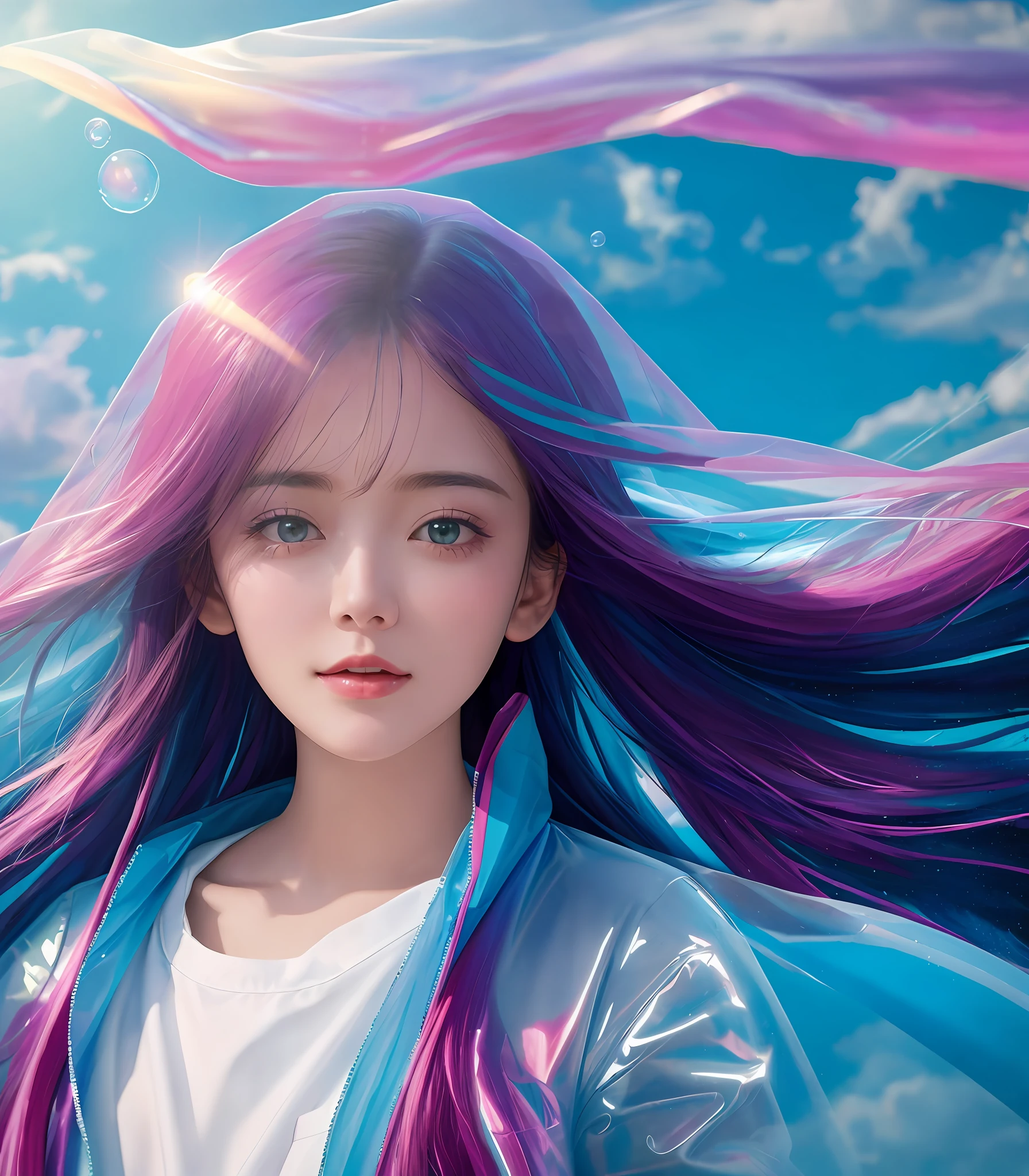 (lily: 1.2), Bubbles, A woman in a transparent plastic film raincoat, (sky background), colorful, vibrant, dreamy romantic composition, mysterious colors, color painting, 3/4 perspective view, cute face, low angle, sweeping hovering composition, large beautiful crystal eyes, large iris, (the most beautiful portrait in the world: 1.5), UHD, HDR, 8K, (masterpiece: 1. 5), Dark theme