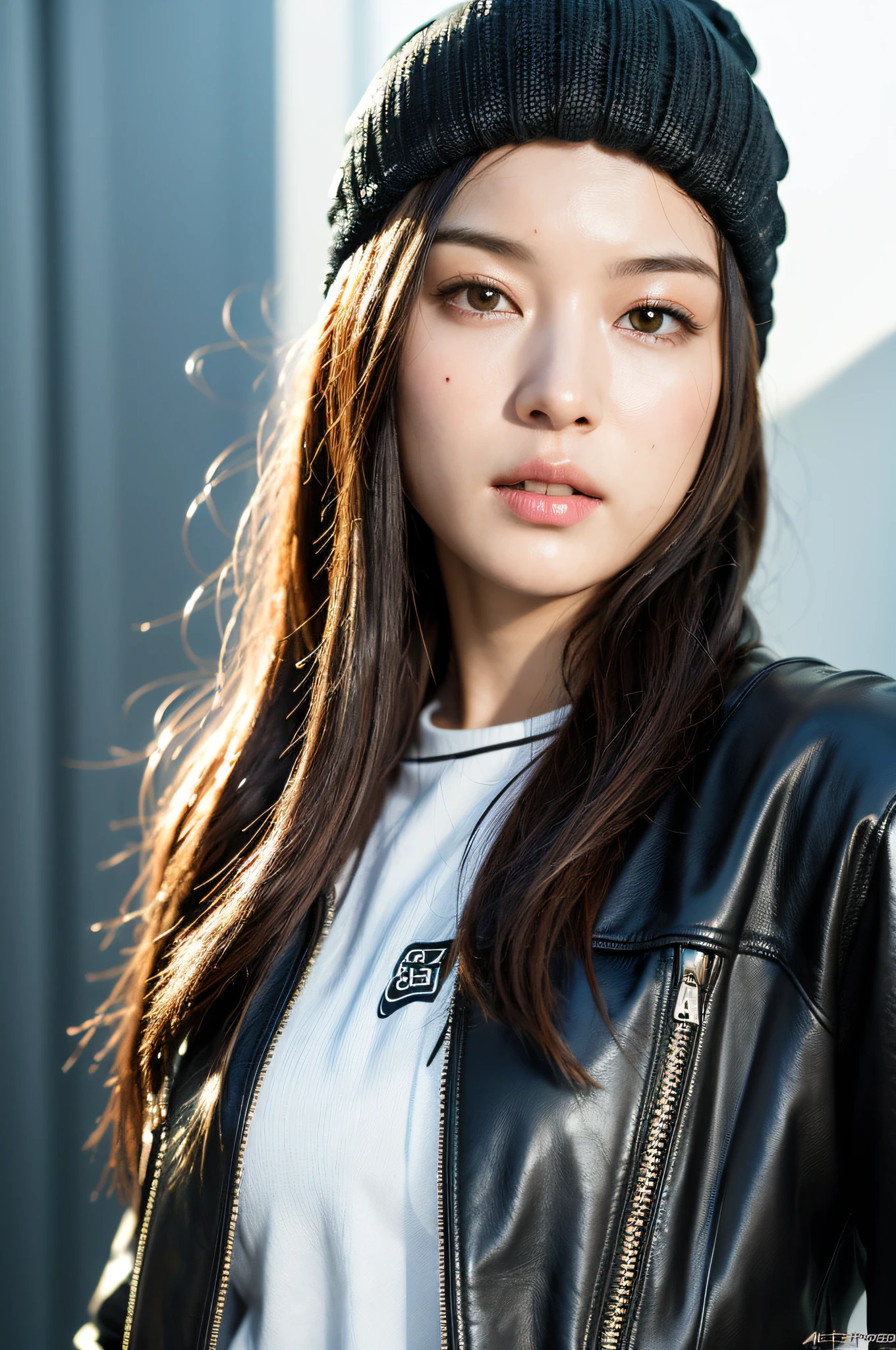 (
(8k:1.27), best quality, masterpiece, ultra highres:1.2) Photo of Pretty Japanese woman
(beautiful:1.1) (sci-fi warrior woman:1.1) space soldier, (beanie:1.61) (leather jacket:1.21) intricate elegant, fantasy, detailed, ometric by greg rutkowski and alphonse mucha, gradient lighting