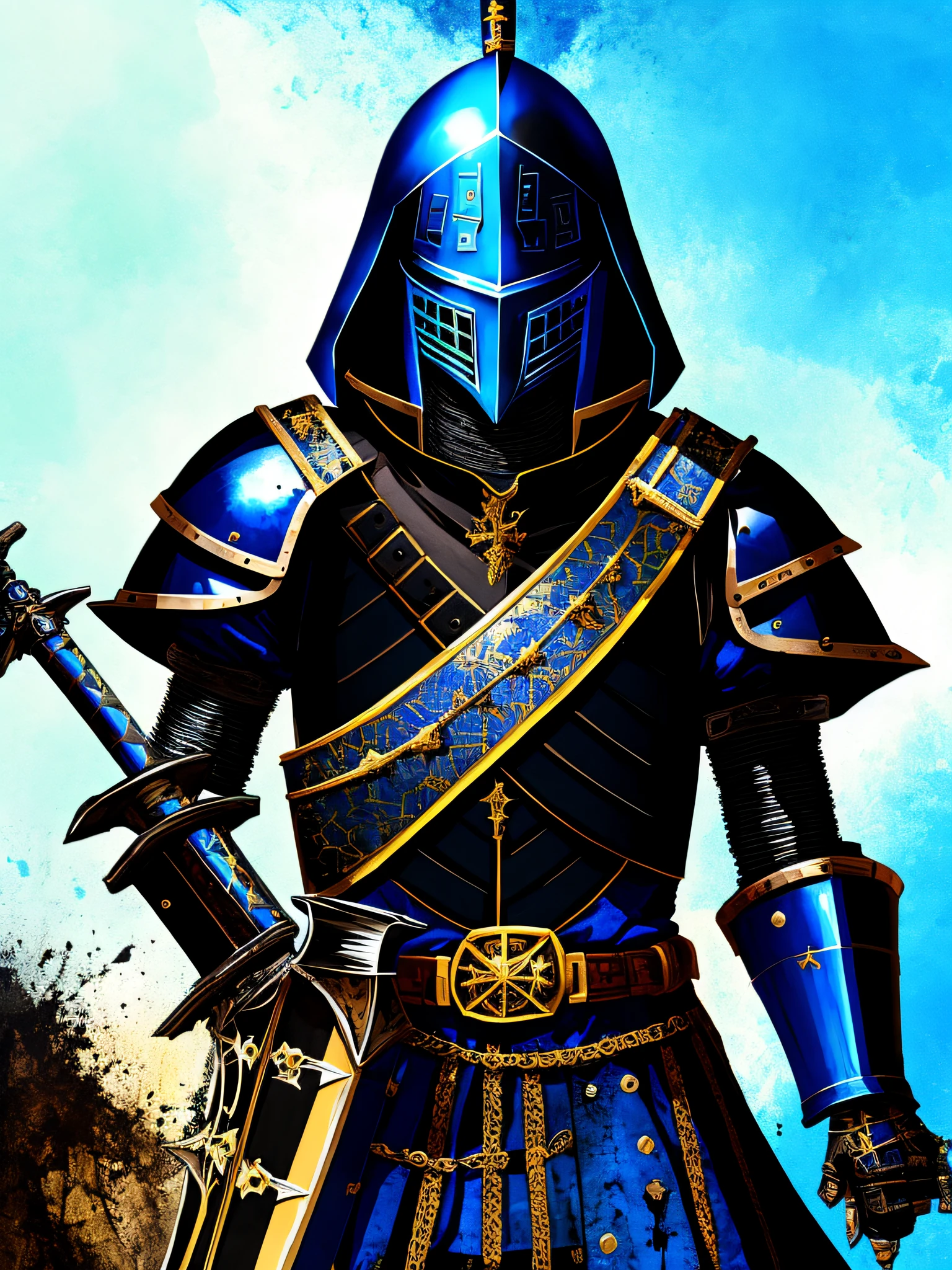 blue and black, a medieval black knight with a large sword, in the style of Mork Borg, strong contrast, grunge dirty punk splash art, zine black metal