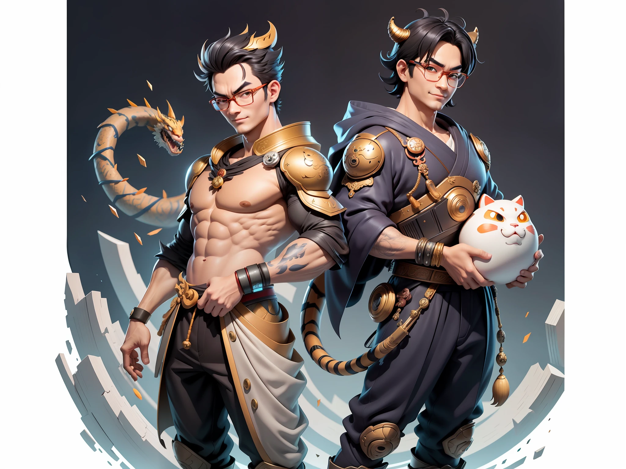 (Masterpiece), (Excellent), (Super Meticulous), (Full Body: 1.2), Super Young Man with Japanese Female Geisha, Pretty, Beautiful, Chinese Dragon, Tiger, Wind God Thor, Sexy, Bursting, Oriental Face, TV Anchor, Bust Portrait Illustration, Black Suit, Blue Tie, Slightly Chubby Face, Silver Glasses, Very Clean Face, No Beard on Chin, Black Super Short Hair, Black Eyes, Confident Smile, 3c Computer Sub-Products, iPad, iPhone, Digital Painting, 3D character design by Mark Clairedon and Pixar and Hayao Miyazaki and Akira Toriyama, the illustrations are HD illustrations in 4K resolution with highly detailed facial features and cartoon-style visuals.