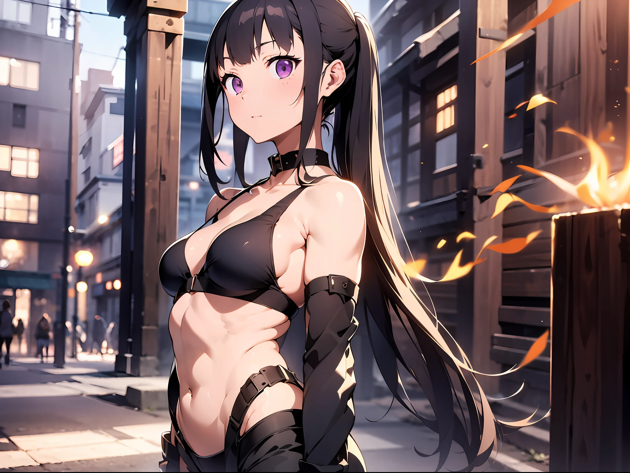 "1 girl, standing solo:1.2, in a masterpiece artwork, with shadow, slim figure, small breasts, sharp focus on her, pale skin, detailed eyes, and a blurry or bokeh background with flame effects."