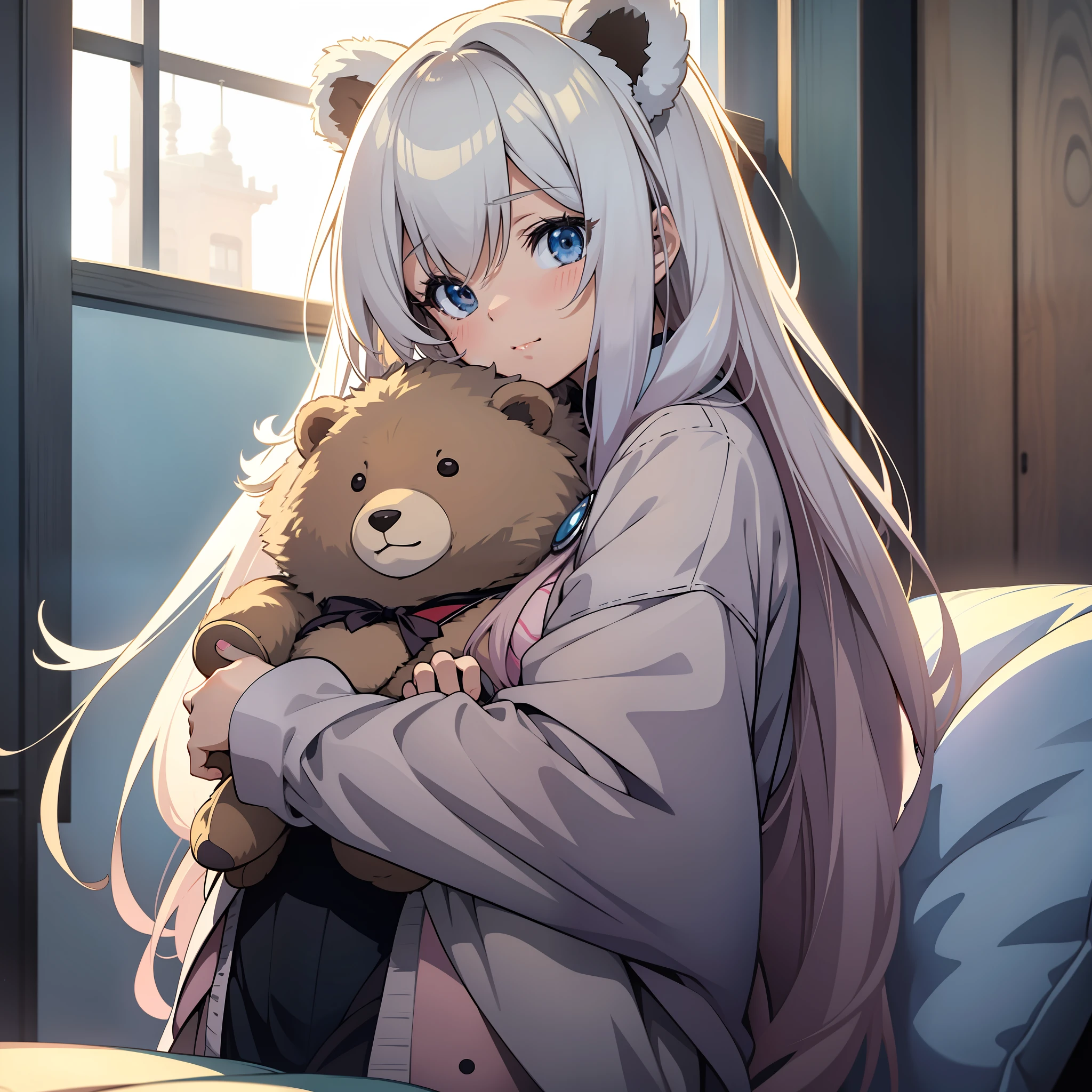 Anime girl sitting on sofa holding bear in her arms, a cute anime girl, anime vision of cute girl, little curve loli, (anime girl), cute kawaii girl, young anime girl, cute anime girl portrait, anime girl, anime lover, pretty anime girl, cute anime style