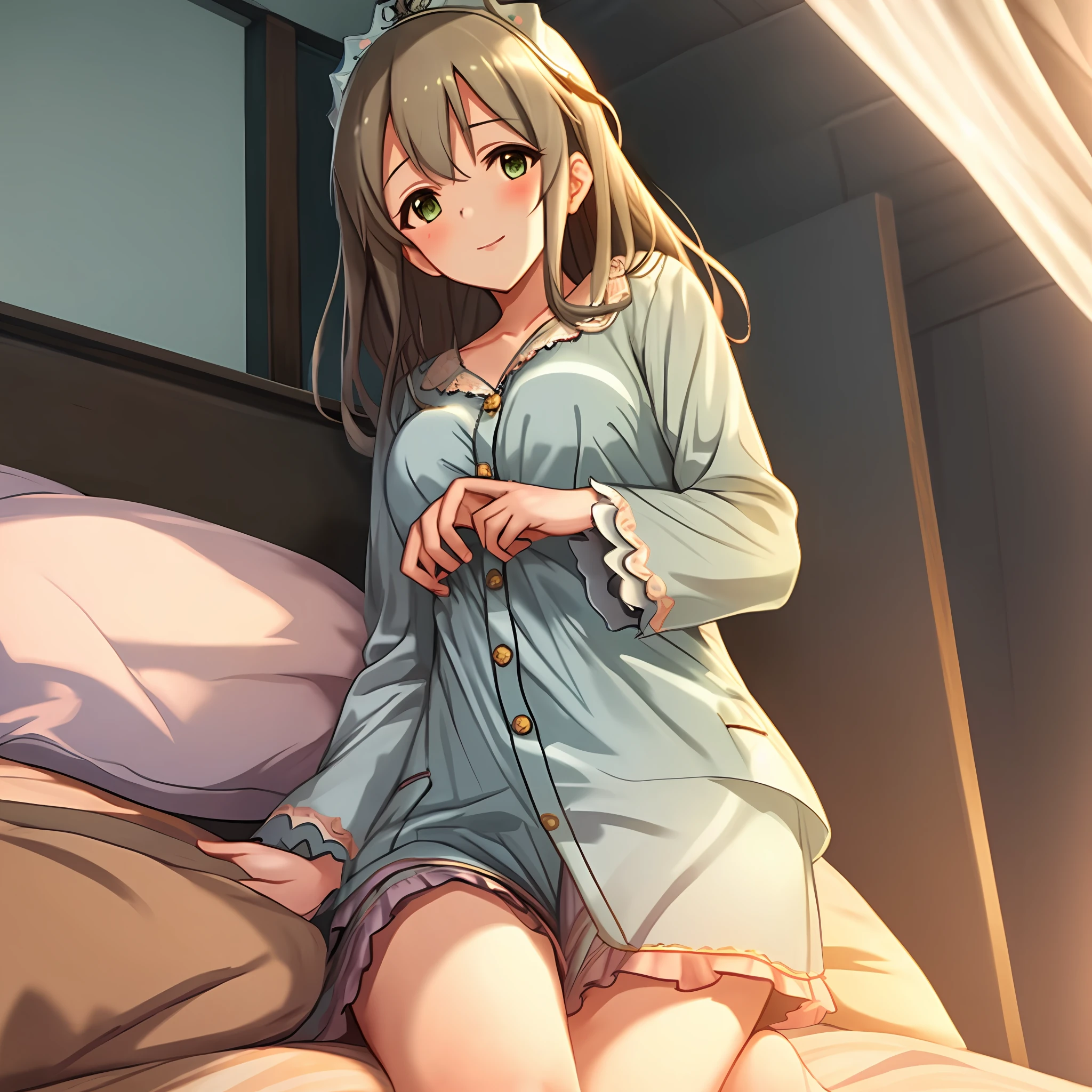 1 girl, on bed, sprawled, Shibuya Rin (Cinderella Girls), solo, pajamas, viewer