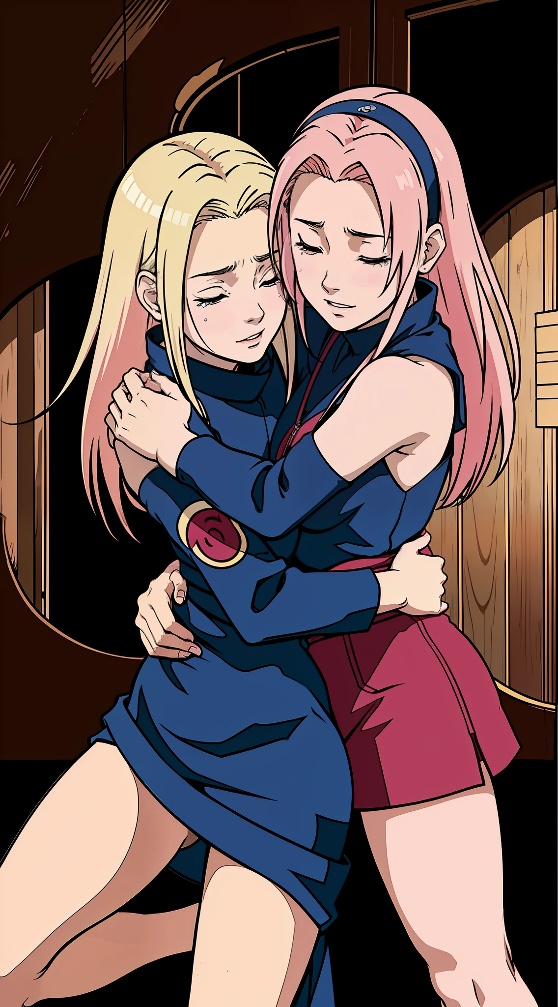 Masterpiece, best quality, best lights and shadows of Studio, 8k, hdr, 2 women, they are Makoto and Yukiko , from the game persona, one is comforting the other with a tight hug, perfect anatomy, perfect hands, perfect arms, perfect legs, sideshot, looking at each other, crying, Sakura has pink hair, Ino has blond hair, konoha Village clothes style, in the Woods,