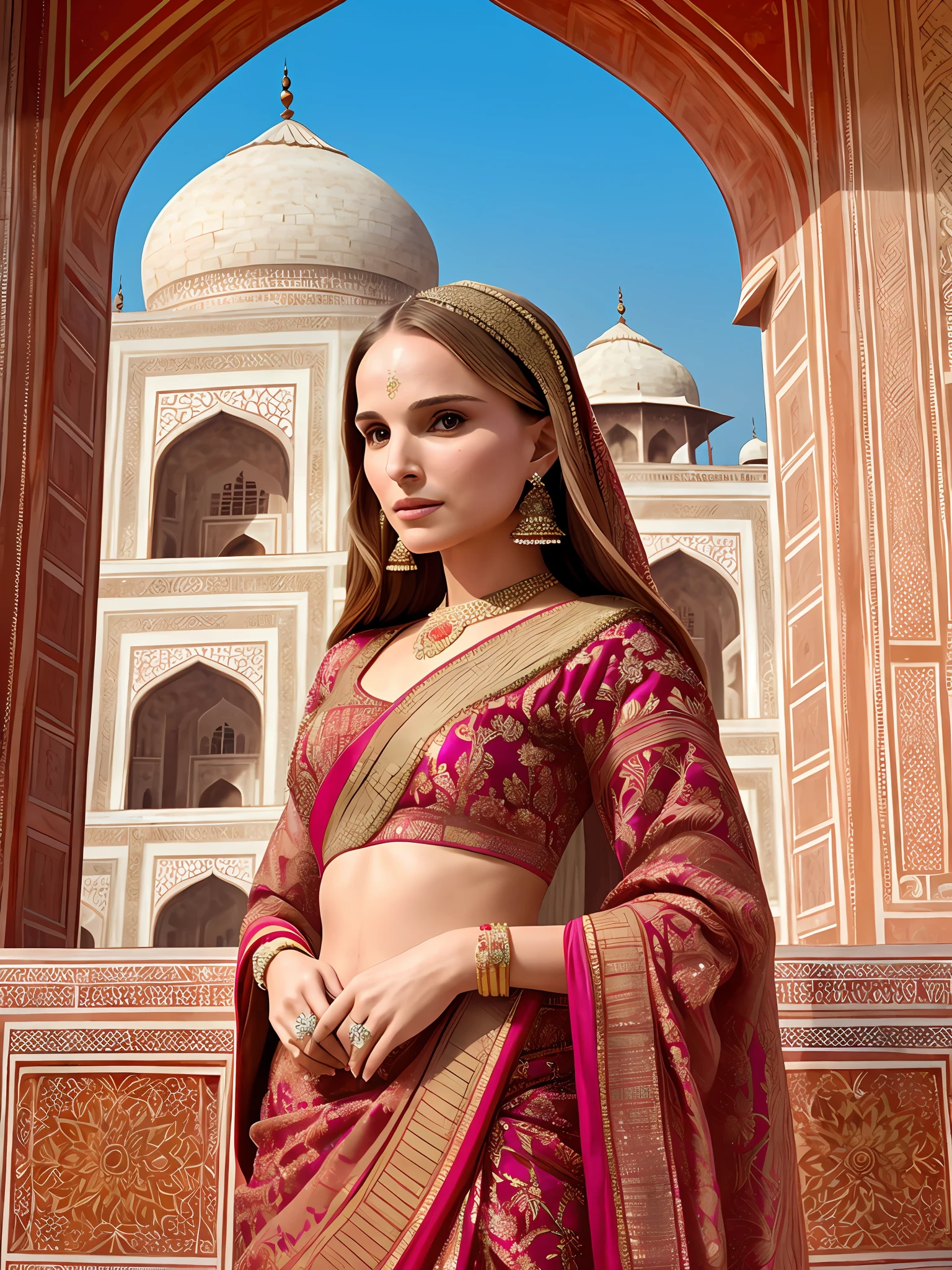 Natalie Portman: Immersed in the captivating atmosphere of the Taj Mahal in Agra, India, Natalie Portman adorns herself in a resplendent sari, showcasing the intricate craftsmanship and vibrant colors of Indian culture. Her attire echoes the timeless beauty of this architectural wonder.