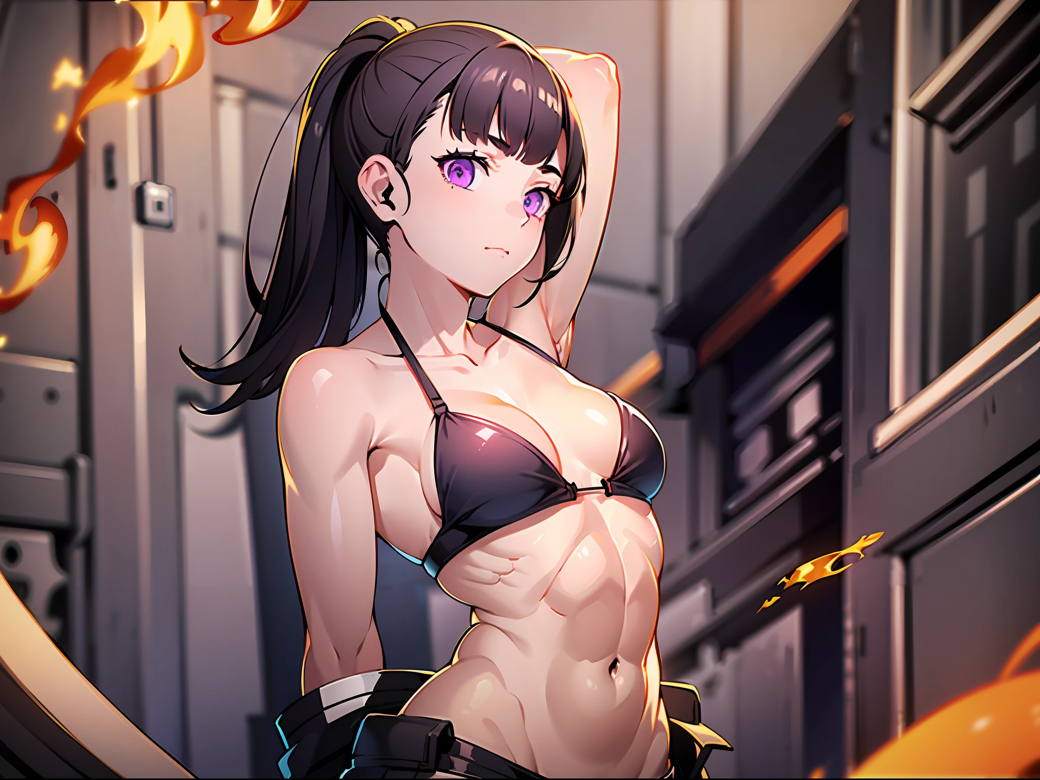 1girl, (solo:1.2), ((masterpiece)), (shadow), [slim], (small breasts), ((sharp focus)), pale skin, ((detailed eyes)), (blurry background), flame effect, (small bikini bra), oversized orange cargo pants, navel, gloves, (collarbone), dramatic pose, purple eyes