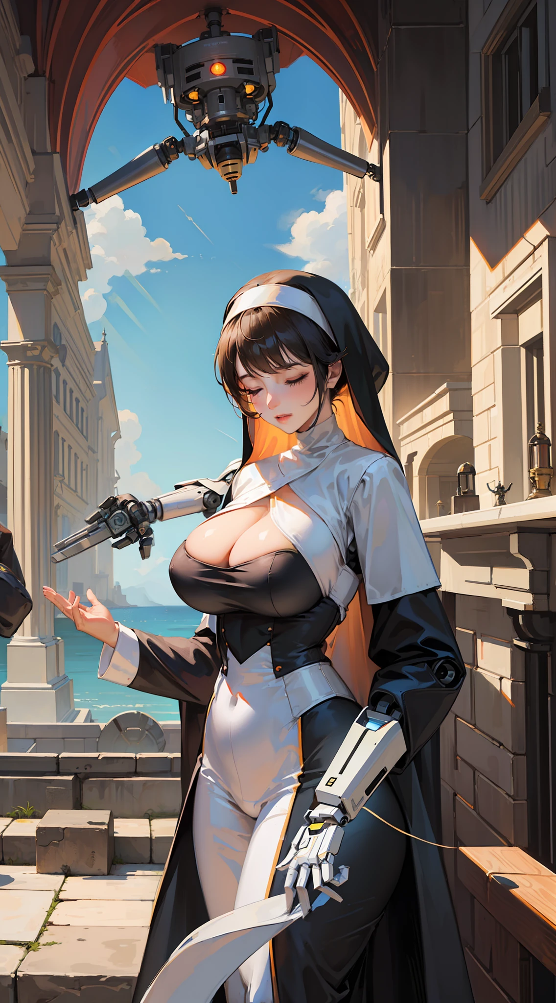 (Huge breasts), (Huge cleavage), ((Robotic arm)), (1 girl), (Eyes closed), (Hands folded), (Pray seriously), (Nun suit), (Slim and curvaceous),