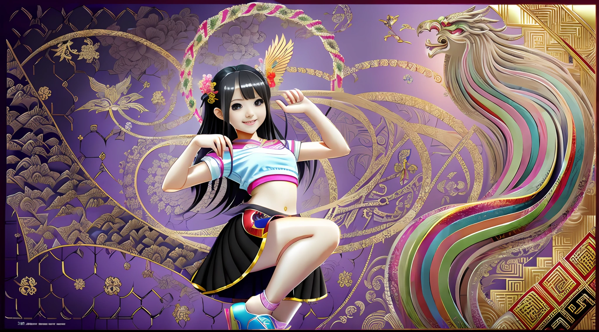 Official Art, Unified 8K Wallpapers, Ultra Detailed, Beautiful and Aesthetic, Masterpiece, Best Quality, (Zentangle, Tangle, Entangle), (fractal art: 1.4), 1girl, black hair, Chinese, bare shoulders, short skirt, calf, navel, very detailed, dynamic angle, cowboyshot, (most beautiful form chaos), flowing, (bright colors), oc, (half: 1.2), china, (thangka flying sky: 1.5), (ribbon: 1.3), (dream: 1.5), (hanfu: 1.5), Chinese dragon, Chinese phoenix, (smile: 0.5), (Chinese deity),