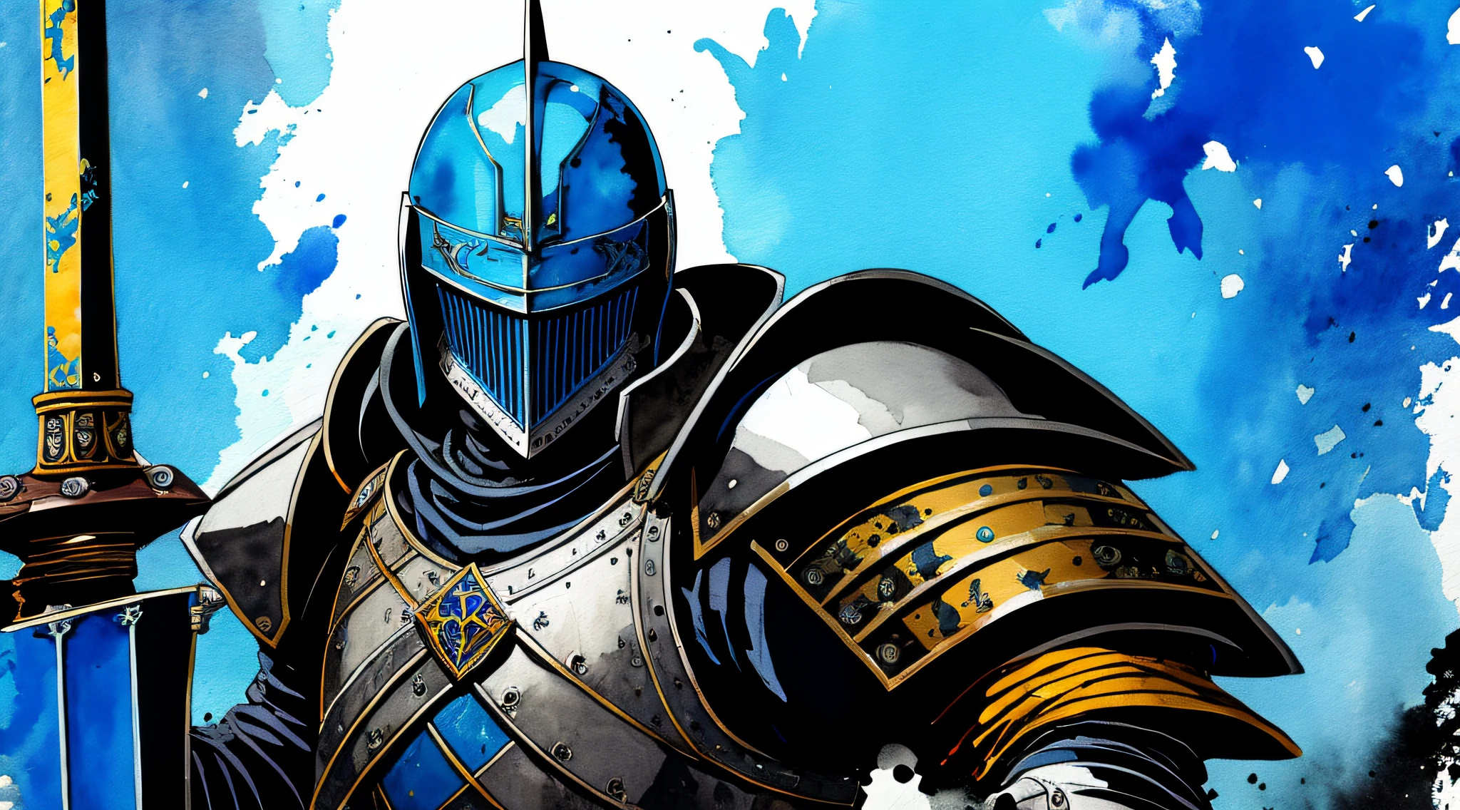 blue and black, a medieval knight with a large sword, in the style of Mork Borg, strong contrast, grunge dirty punk splash art, zine black metal, color splash background, watercolor