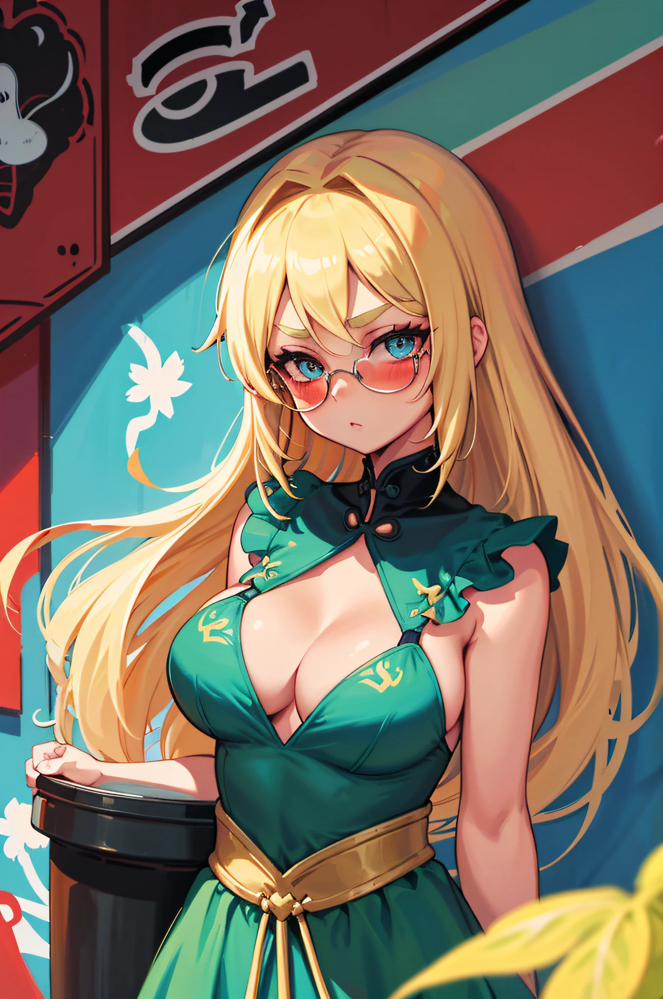 Original character, with sunglasses, volumetric lighting, best shadows, shallow depth of field, beautiful girl portrait, cold royal sister, delicate beautiful and charming face, charming eyes, delicate willow leaf eyebrows, lazy expression, cute medium breasts, long straight blonde hair, blush eye shadow, thick eyelashes, Oversized Pop evening dress, Mini Underboob Tee, crop top, slim waist, sexy tong, In The Graffiti Alley, trash can, outside the stairs, Outdoor unit, holding spray paint can, standing, (highest quality, amazing detail: 1.25), (solo: 1.3), brilliant and colorful painting