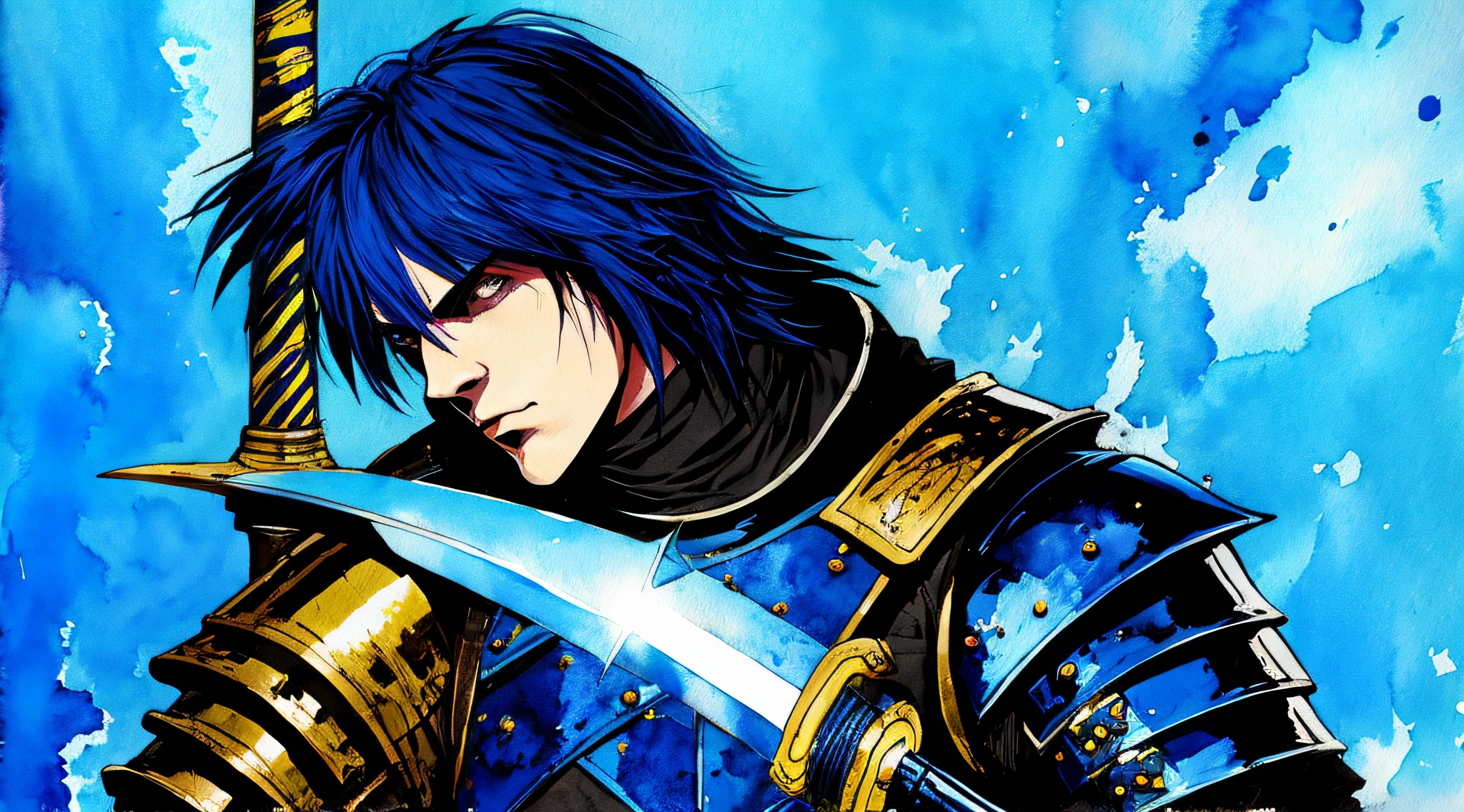 blue and black, a medieval knight with a large sword, in the style of Mork Borg, strong contrast, grunge dirty punk splash art, zine black metal, color splash background, watercolor