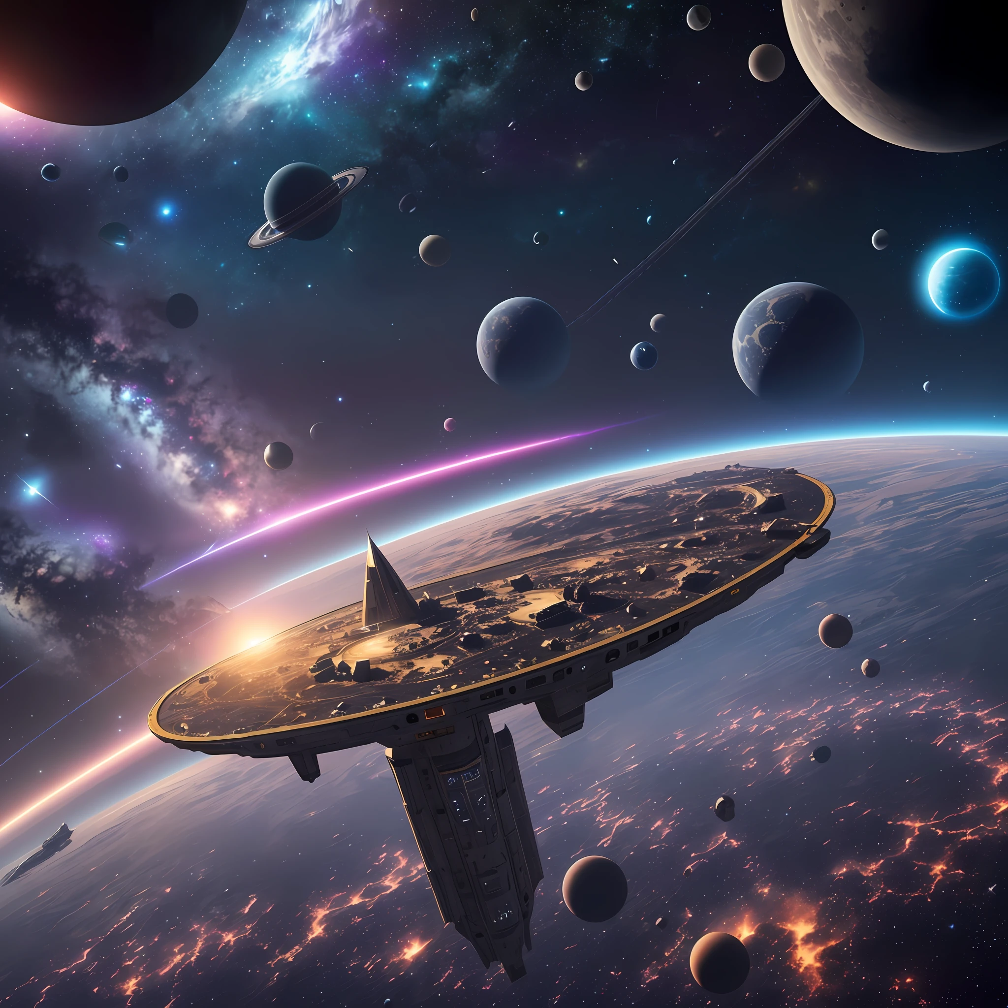 Unreal Engine rendering, high quality, detailed, in space, in the universe, ring spaceship near, distant planets, galaxies in the distance, spaceship flying to planets, dark, --auto --s2