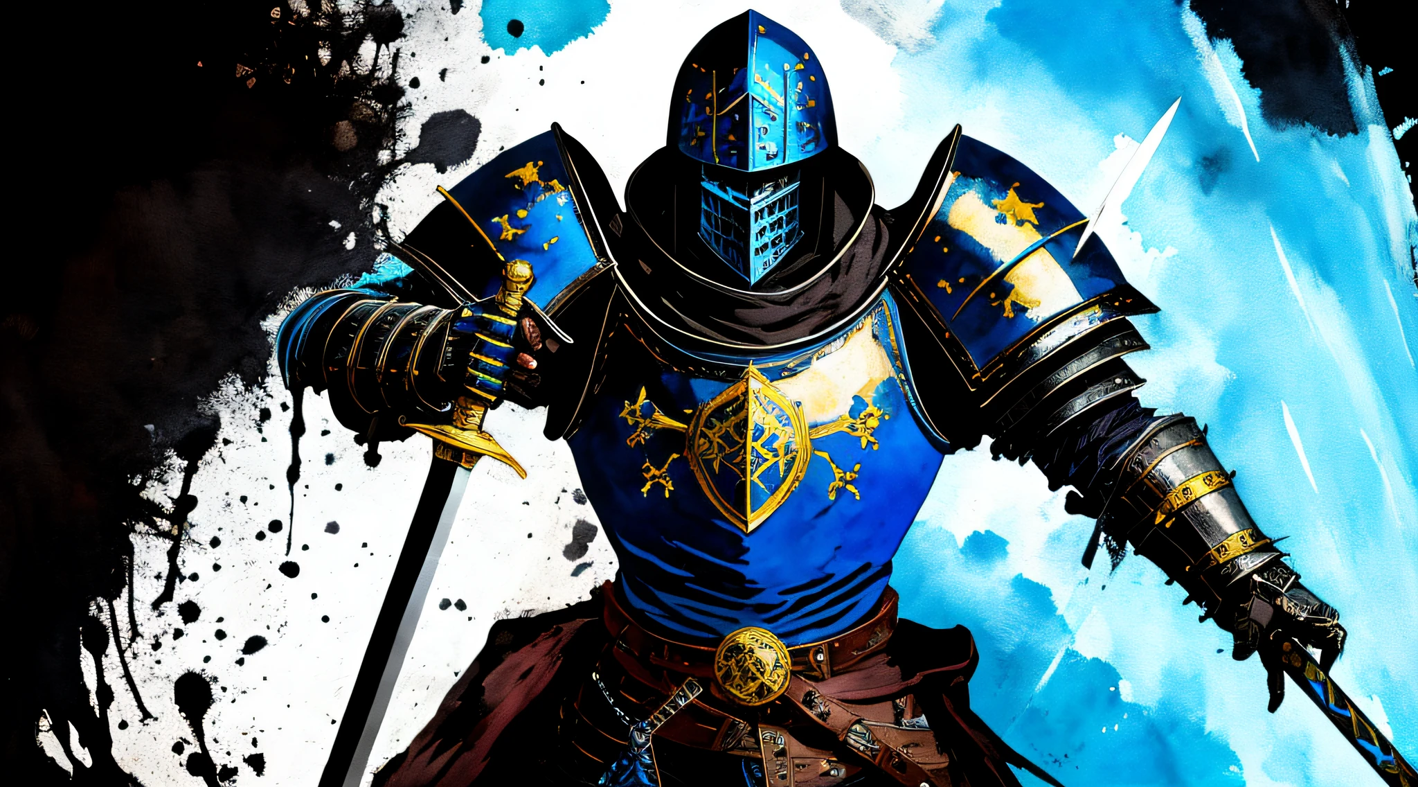 blue and black, a medieval knight with a large sword, in the style of Mork Borg, strong contrast, grunge dirty punk splash art, zine black metal, color splash background, watercolor