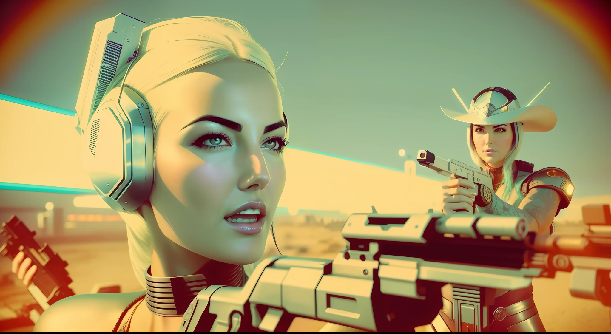a woman (Camilla Belle) holding a gun next to a man, David LaChapelle's cyberpunk art, cgsociety, retrofuturism, synthwave, sci-fi, reimagined by industrial light and magic