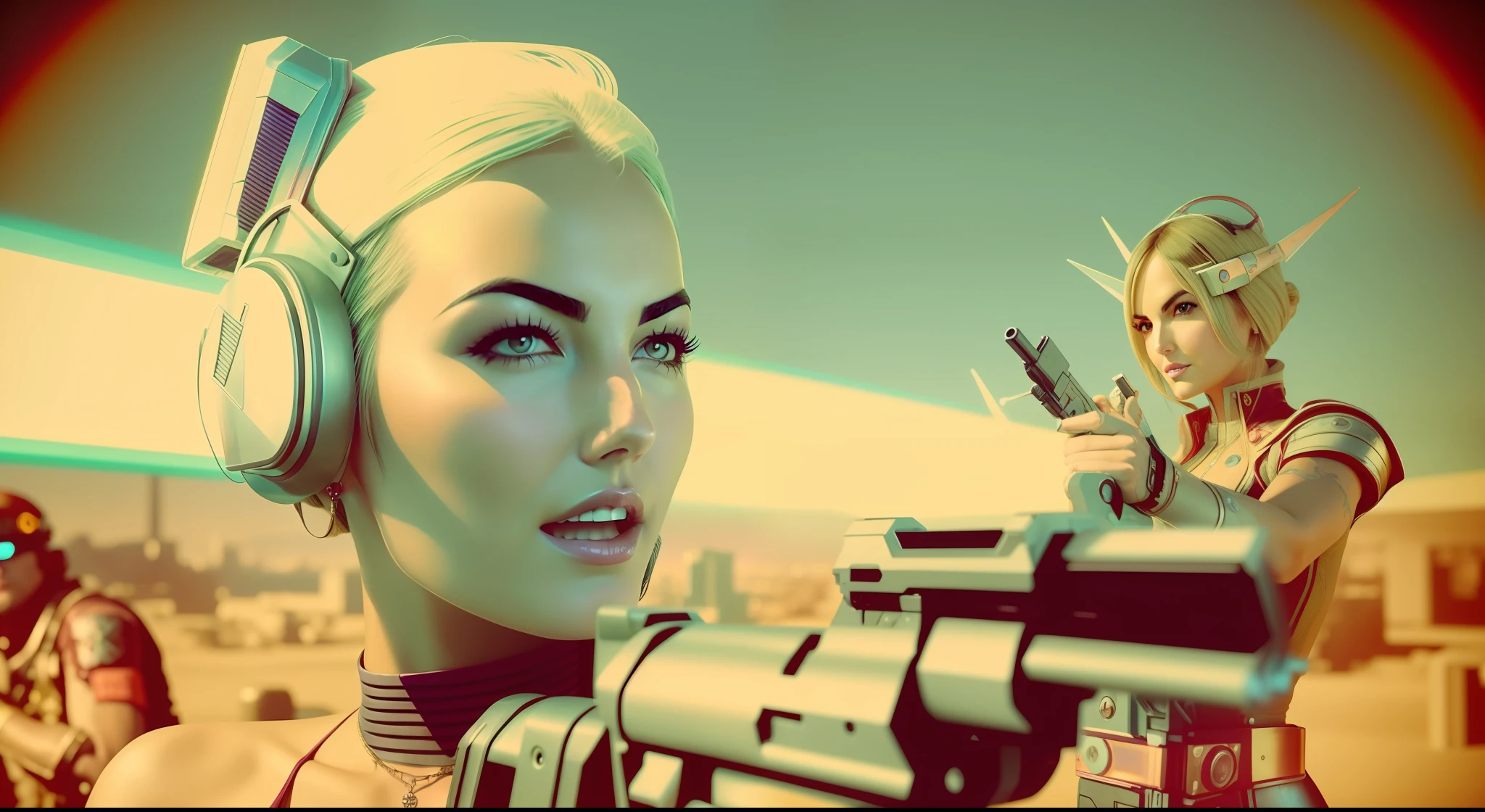 a woman (Camilla Belle) holding a gun next to a man, David LaChapelle's cyberpunk art, cgsociety, retrofuturism, synthwave, sci-fi, reimagined by industrial light and magic