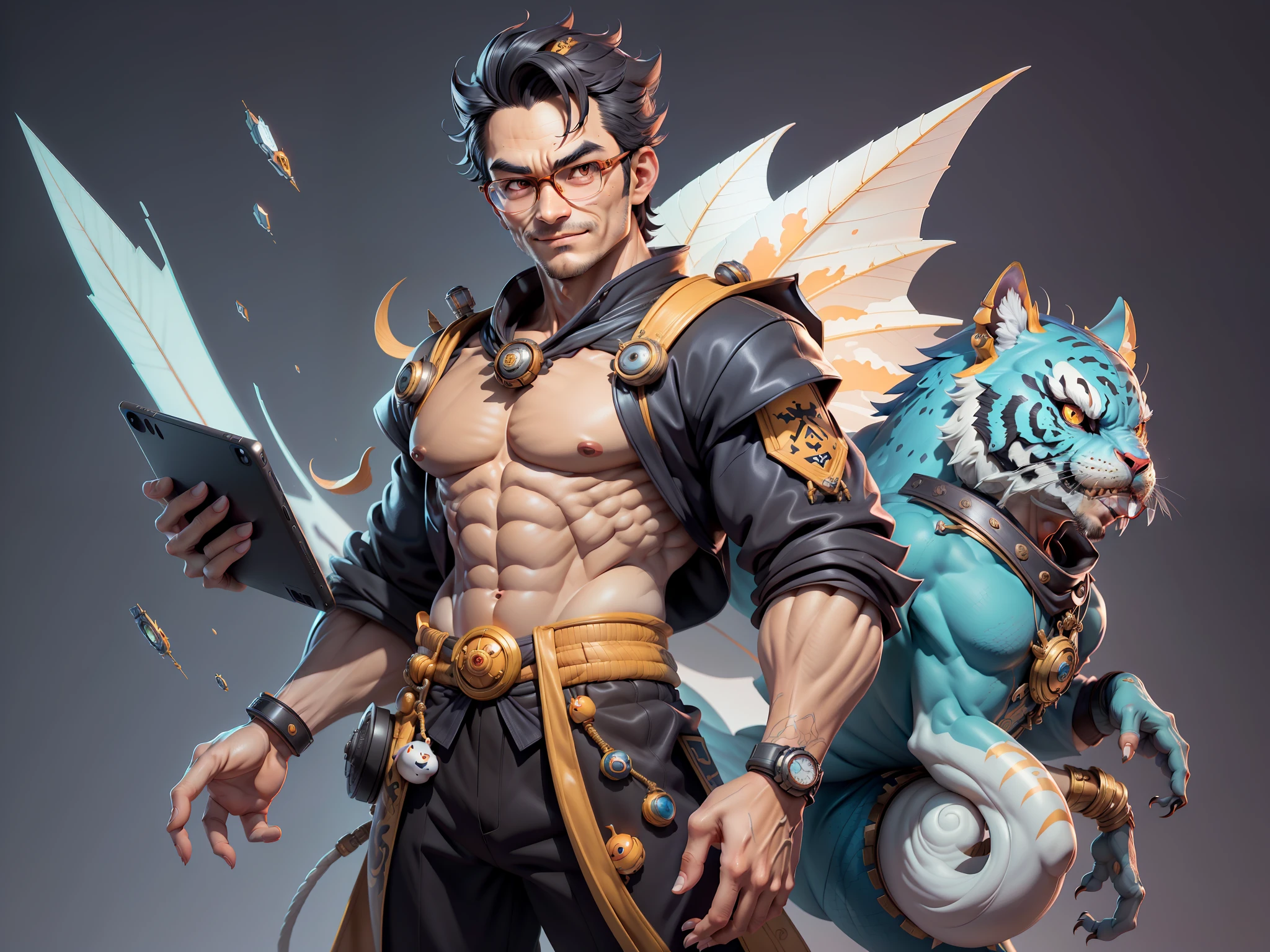(Masterpiece), (Excellent), (Super Meticulous), (Full Body: 1.2), Super Young Man with Japanese Female Geisha, Pretty, Beautiful, Chinese Dragon, Tiger, Wind God Thor, Sexy, Bursting, Oriental Face, TV Anchor, Bust Portrait Illustration, Black Suit, Blue Tie, Slightly Chubby Face, Silver Glasses, Very Clean Face, No Beard on Chin, Black Super Short Hair, Black Eyes, Confident Smile, 3c Computer Sub-Products, iPad, iPhone, Digital Painting, 3D character design by Mark Clairedon and Pixar and Hayao Miyazaki and Akira Toriyama, the illustrations are HD illustrations in 4K resolution with highly detailed facial features and cartoon-style visuals.