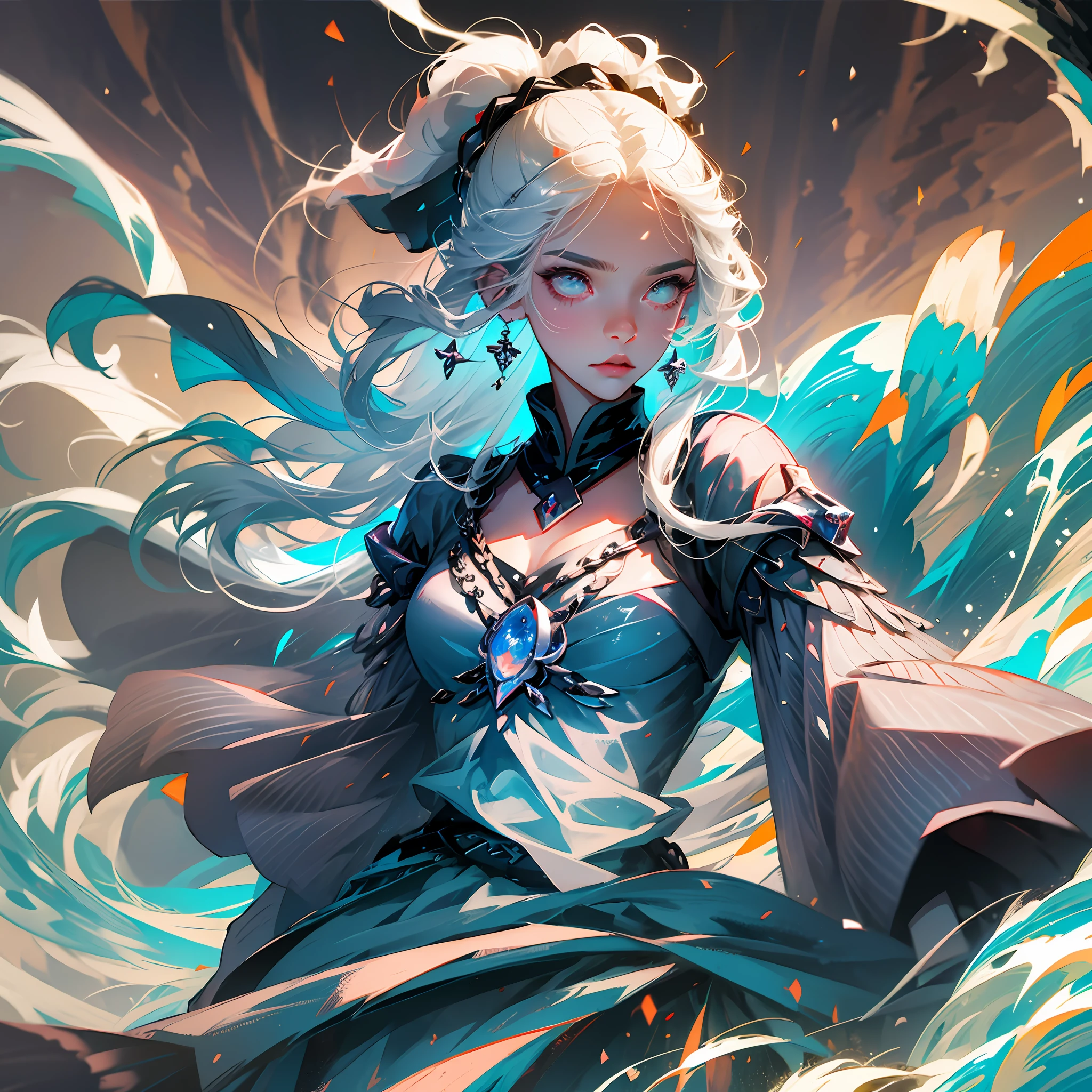 1 girl, goddess of storms, high ponytail hairstyle, silver-gray hair, white glowing eyes, tornado, strong wind, waves, holding a staff, --auto --s2