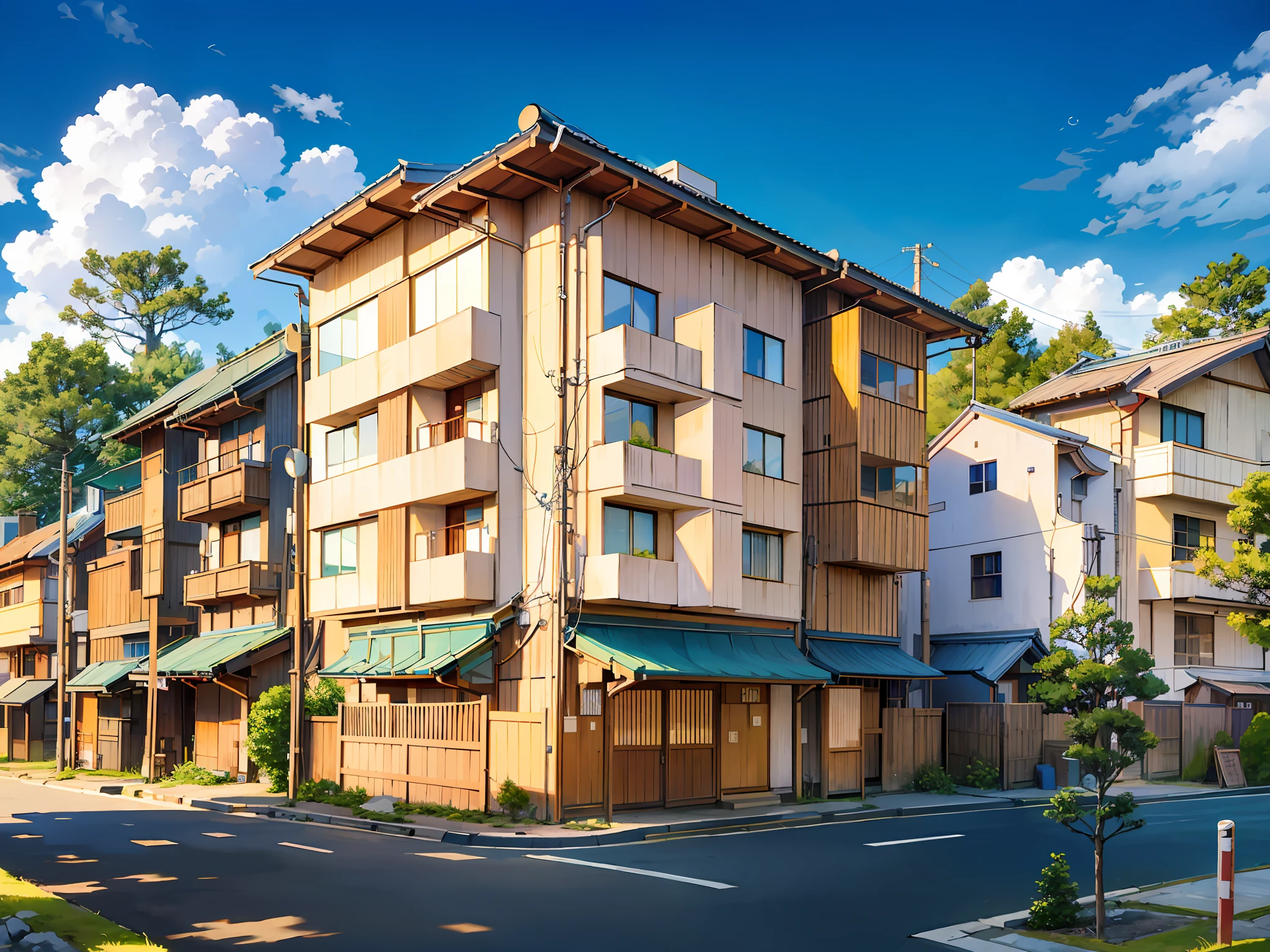 (Japanese town Landscape), (Hayao Miyazaki Style), cartoon, japanese townhouse, (rarely house), road, bend, small house, tree, pole, white cloud, calm landscape, outdoor, green trees, epic composition, realistic lighting, high-definition detail, masterpiece, the best quality, (very detailed CG unified 8k wallpaper), --v6