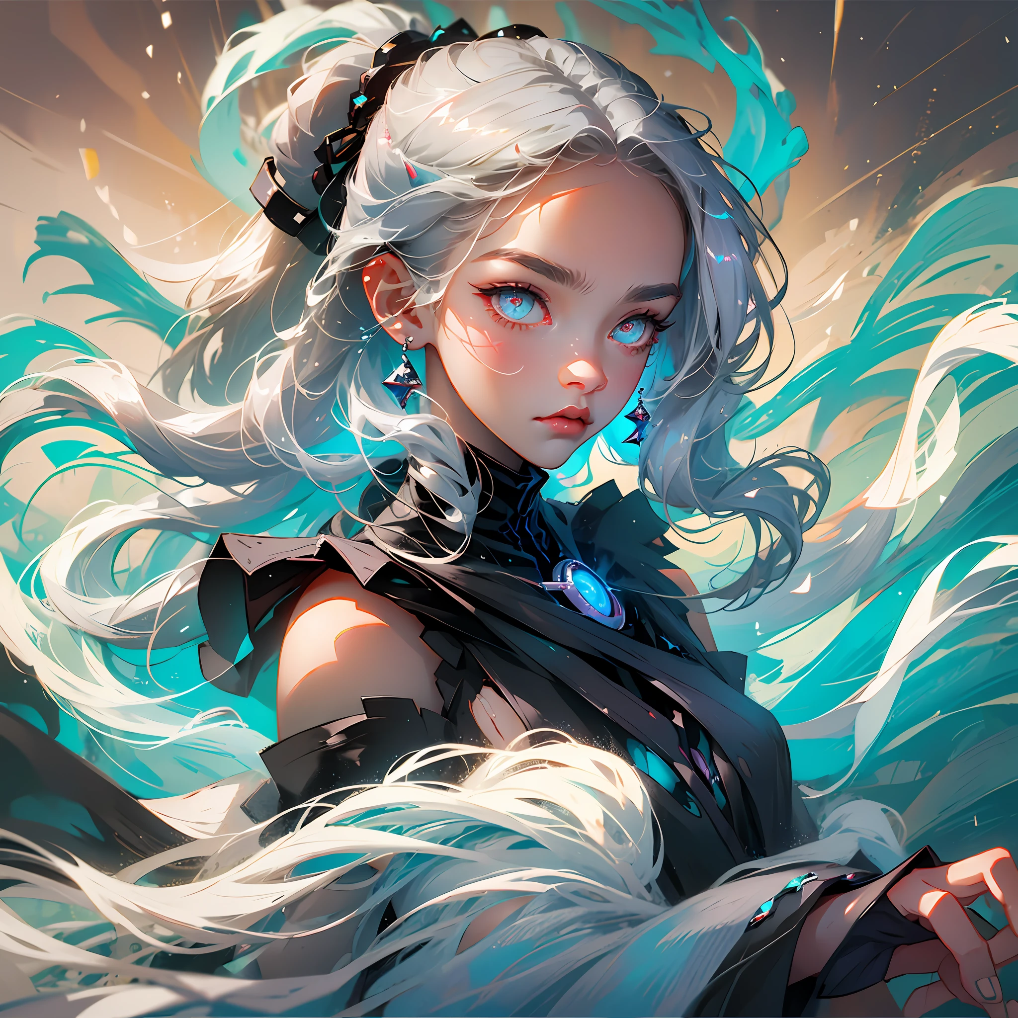 1 girl, goddess of storms, high ponytail hairstyle, silver-gray hair, white glowing eyes, tornado, strong wind, waves, holding a staff, --auto --s2