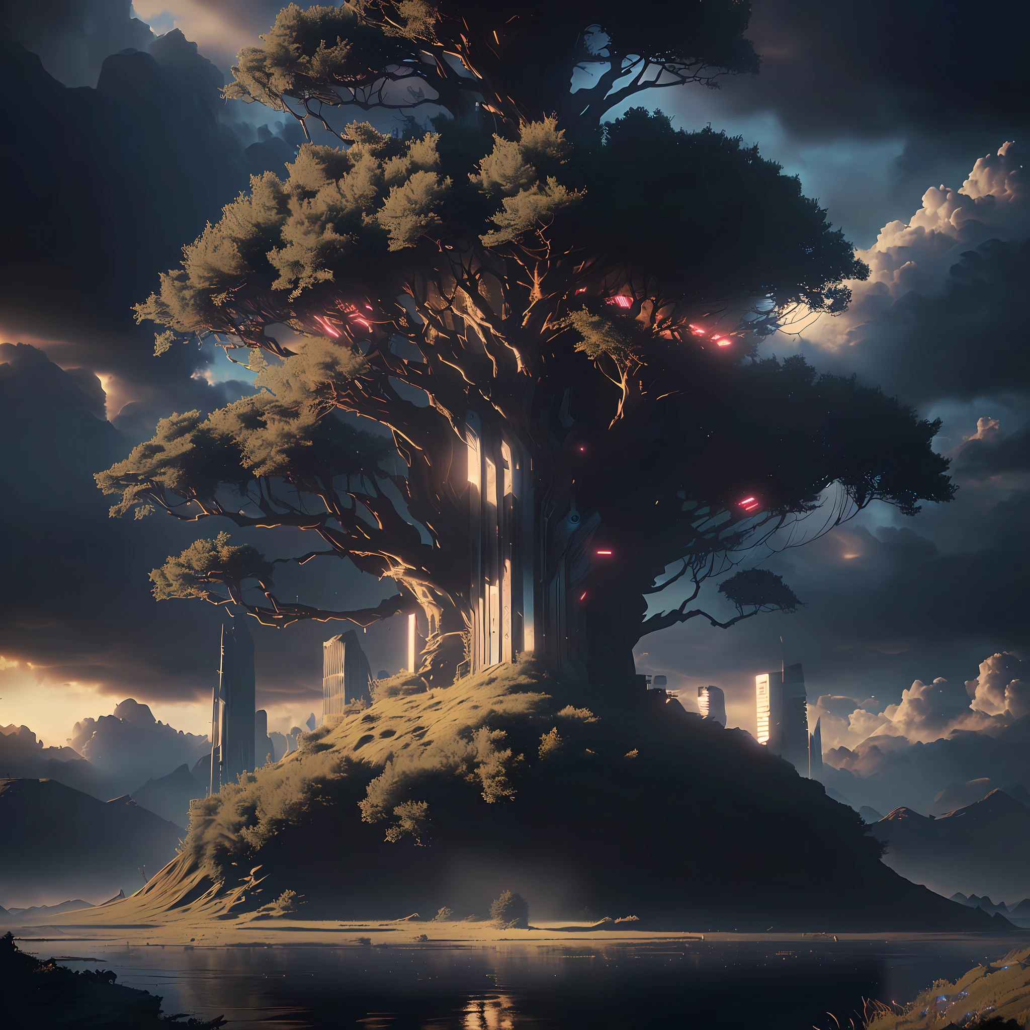 a tree, 3 d render beeple, cyberpunk,cyborg tree,4k fantasy art, fantasy art behance, jessica rossier fantasy art, 8k fantasy art, sci-fi fantasy tree, cinematic beeple, 4k highly detailed digital art, unreal engine fantasy art, by Beeple, 8k matte painting