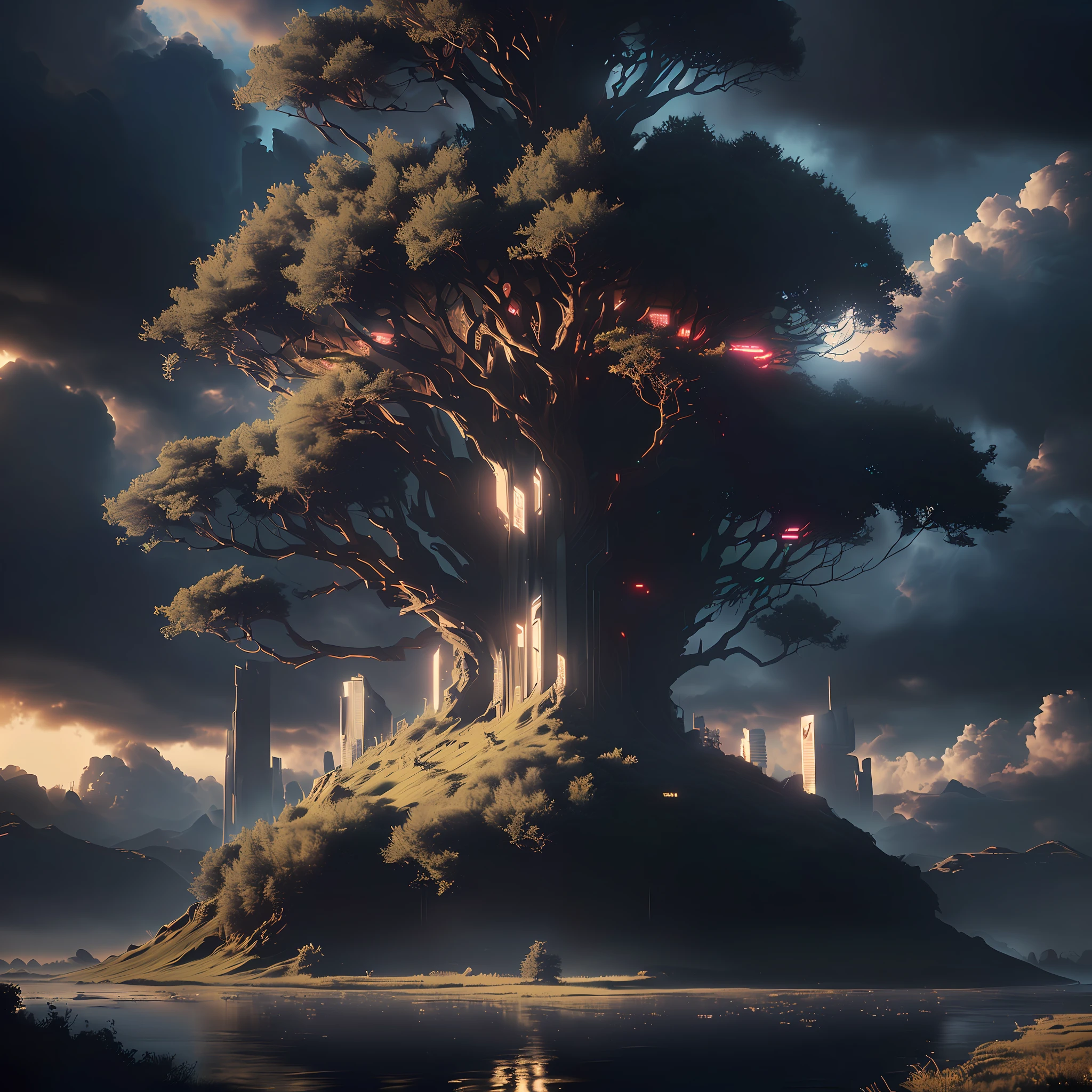 a tree, 3 d render beeple, cyberpunk,cyborg tree,4k fantasy art, fantasy art behance, jessica rossier fantasy art, 8k fantasy art, sci-fi fantasy tree, cinematic beeple, 4k highly detailed digital art, unreal engine fantasy art, by Beeple, 8k matte painting