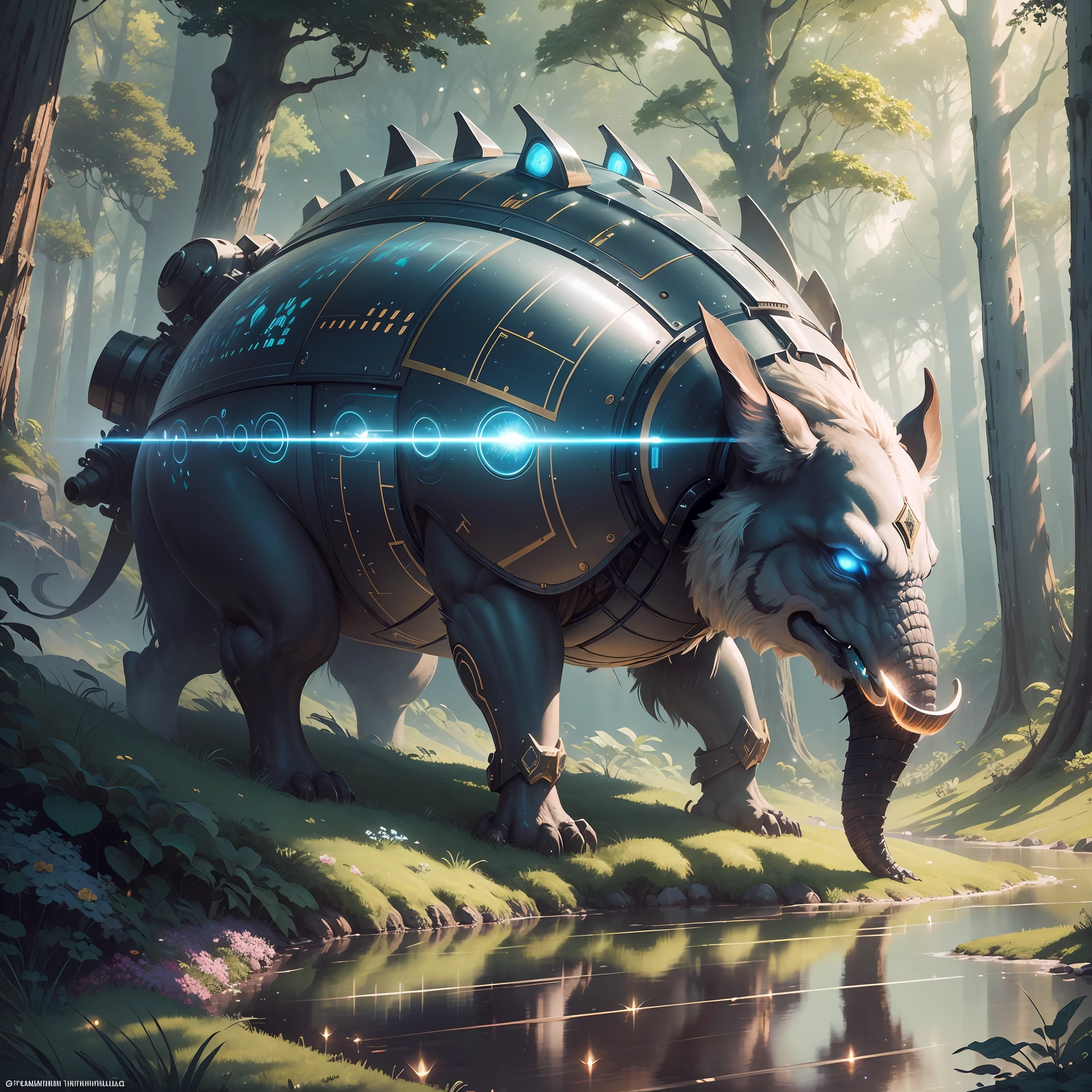 Masterpiece, best quality, (very detailed CG unity 8k wallpaper), (best quality), (best illustration), (best shadows), glow sprite, with a glowing deer, in the swimming pool Drinking water, natural elements in the forest theme. Mysterious forest, beautiful forest, nature, surrounded by flowers, delicate leaves and branches surrounded by fireflies (natural elements), (jungle theme), (leaves), (twigs), (fireflies), (particle effects) etc. 3D , Octane rendering, ray tracing, super detailedSky, Clouds, holding_weapon, no_humans, Glow, giant mechanical _ trees , city with tall trees _Architecture, “sky, cloud, glowing, big trees ,comunity,joy, ghost elephants, robot, cybernetic _trees, tree_mech, sci-fi, cityscape, realistic, mechanical” Science Fiction, Cities, Rendered in Octane, hyper realistic, 8k, epic composition, cinematic, octane render, artstation landscape vista photography by Carr Clifton & Galen Rowell, 16K resolution, Landscape veduta photo by Dustin Lefevre & tdraw, 8k resolution, detailed landscape painting by Ivan Shishkin, DeviantArt, Flickr, rendered in Enscape, Miyazaki, Nausicaa Ghibli, Breath of The Wild,,trending in artstation, cgsociety, 8k post-processing highly detailed,Junji Murakami, Mucha Klimt, Sharandula, Hiroshi Yoshida, Tom Bagshaw, Ross Tran, Artgerm,Craig Mullins,dramatic,Junji Murakami, --auto --s2