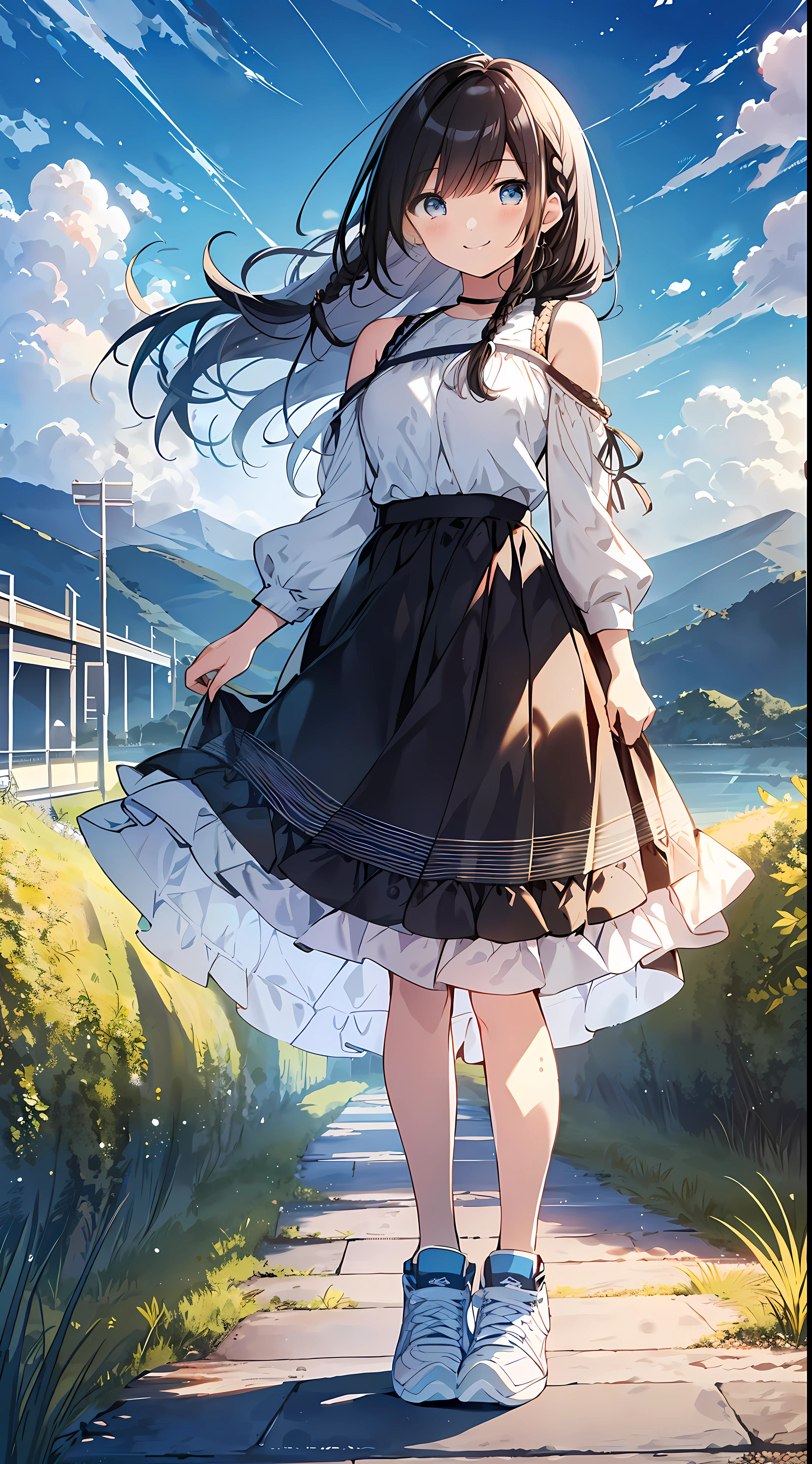 Top Quality, Masterpiece, Ultra High Definition, 8k, Summer Sky, Early Summer, (Light Blue Maxi Skirt, Light Knit, Sneakers), Shojo Manga Style Loli, One, Soft Line Art, Digital Enhancement, Shoujo Manga Touch, Shojo Manga Core, Flowing Fabric, Close Up, (Shoulder Length and Short Braid)), Wet Hair, Staring at Us Head-on, Soft Drawing, Beautiful Black Hair, clear eyes, ((teasing smile)), ultra-detailed digital anime art, clear face depiction, ultra-detailed shoujo manga character art, ultra-detailed manga style, top quality colors, hand gestures, landscape with nature, looking up at the sky, angle that can be seen up to the feet