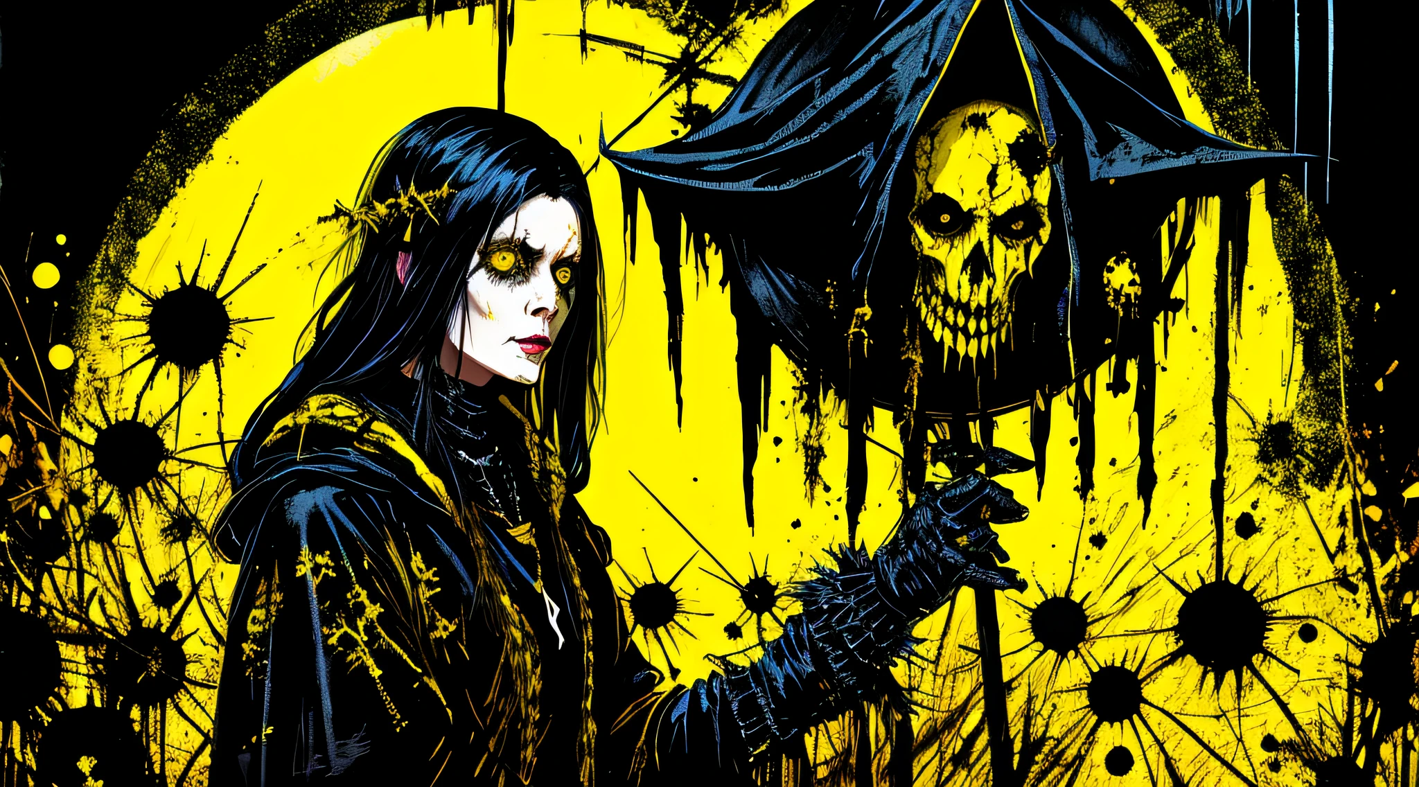 yellow and black, a medieval old witch, in the style of Mork Borg, strong contrast, grunge dirty punk splash art, zine black metal, forest color splash background