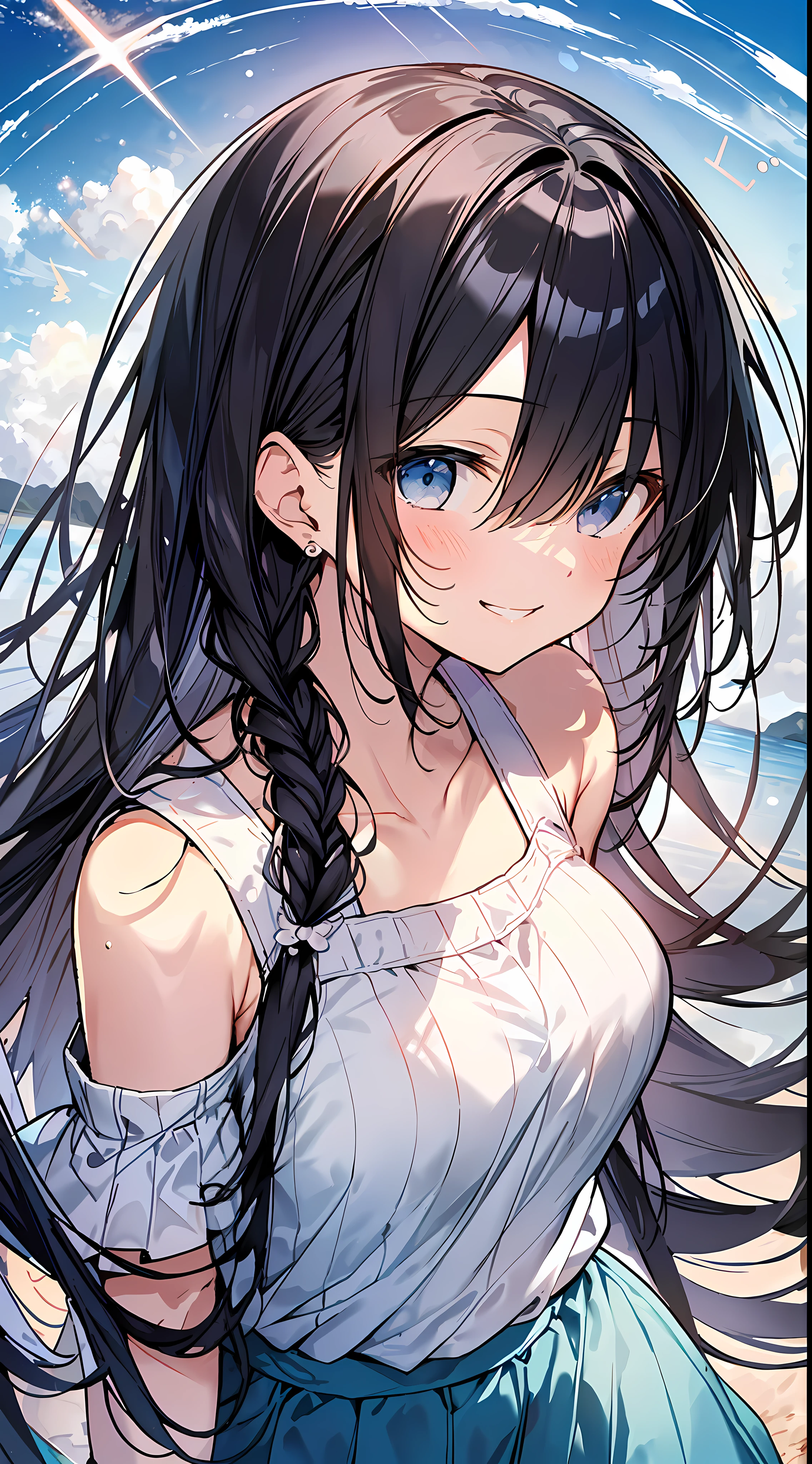 Top Quality, Masterpiece, Ultra High Definition, 8k, Summer Sky, Early Summer, (Light Blue Maxi Skirt, Light Knit, Sneakers), Shojo Manga Style Loli, One, Soft Line Art, Digital Enhancement, Shoujo Manga Touch, Shojo Manga Core, Flowing Fabric, Close Up, (Shoulder Length and Short Braid)), Wet Hair, Staring at Us Head-on, Soft Drawing, Beautiful Black Hair, clear eyes, ((teasing smile)), ultra-detailed digital anime art, clear face depiction, ultra-detailed shoujo manga character art, ultra-detailed manga style, top quality colors, hand gestures, landscape with nature, looking up at the sky, angle that can be seen up to the feet