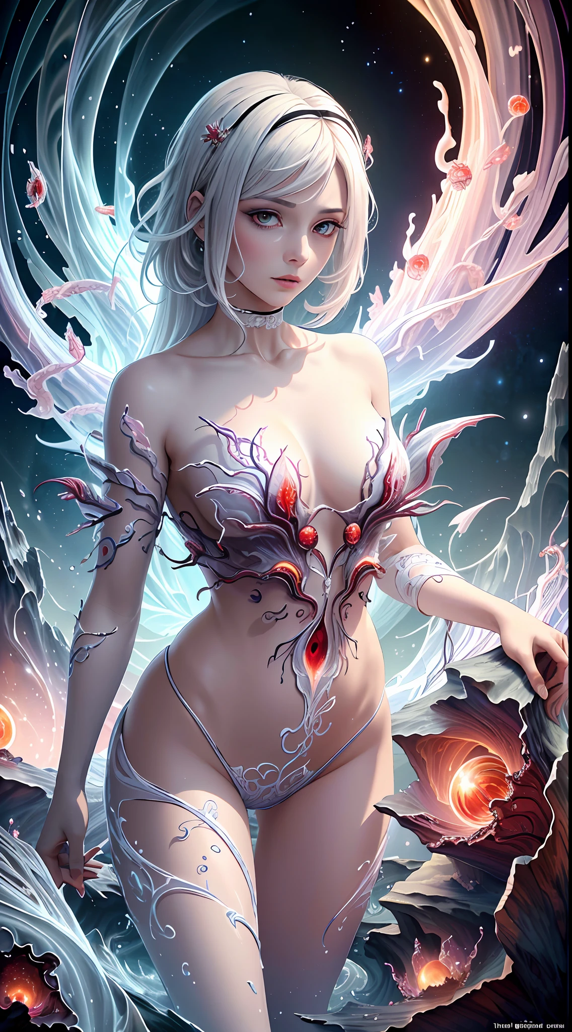 Realistic, (Masterpiece, Top Quality, Best Quality, Official Art, Beauty and Aesthetics: 1.2), Very Detailed, Fractal Art, Colorful, Most Detailed, Zentangle, (Abstract Background: 1.5) (1boy: 1.3), Gods, White Hair, (Glowing Red Eyes), Mysterious, (Magic), Ice, ((Lycoris radiata)), Yellow Springs Hell, Soul Ferryman, Ghost