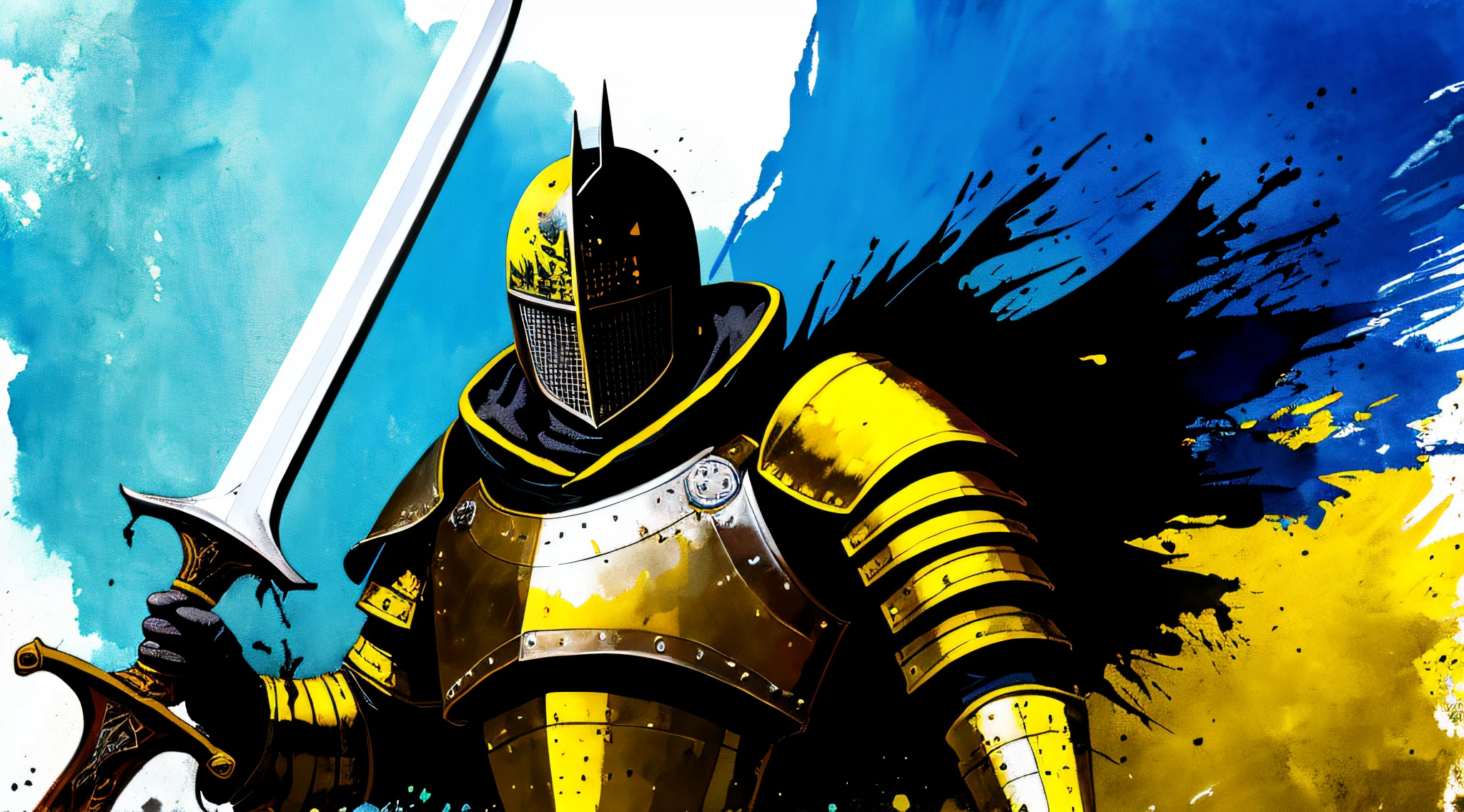 yellow and black, a medieval knight with a large sword, in the style of Mork Borg, strong contrast, grunge dirty punk splash art, zine black metal, color splash background, watercolor