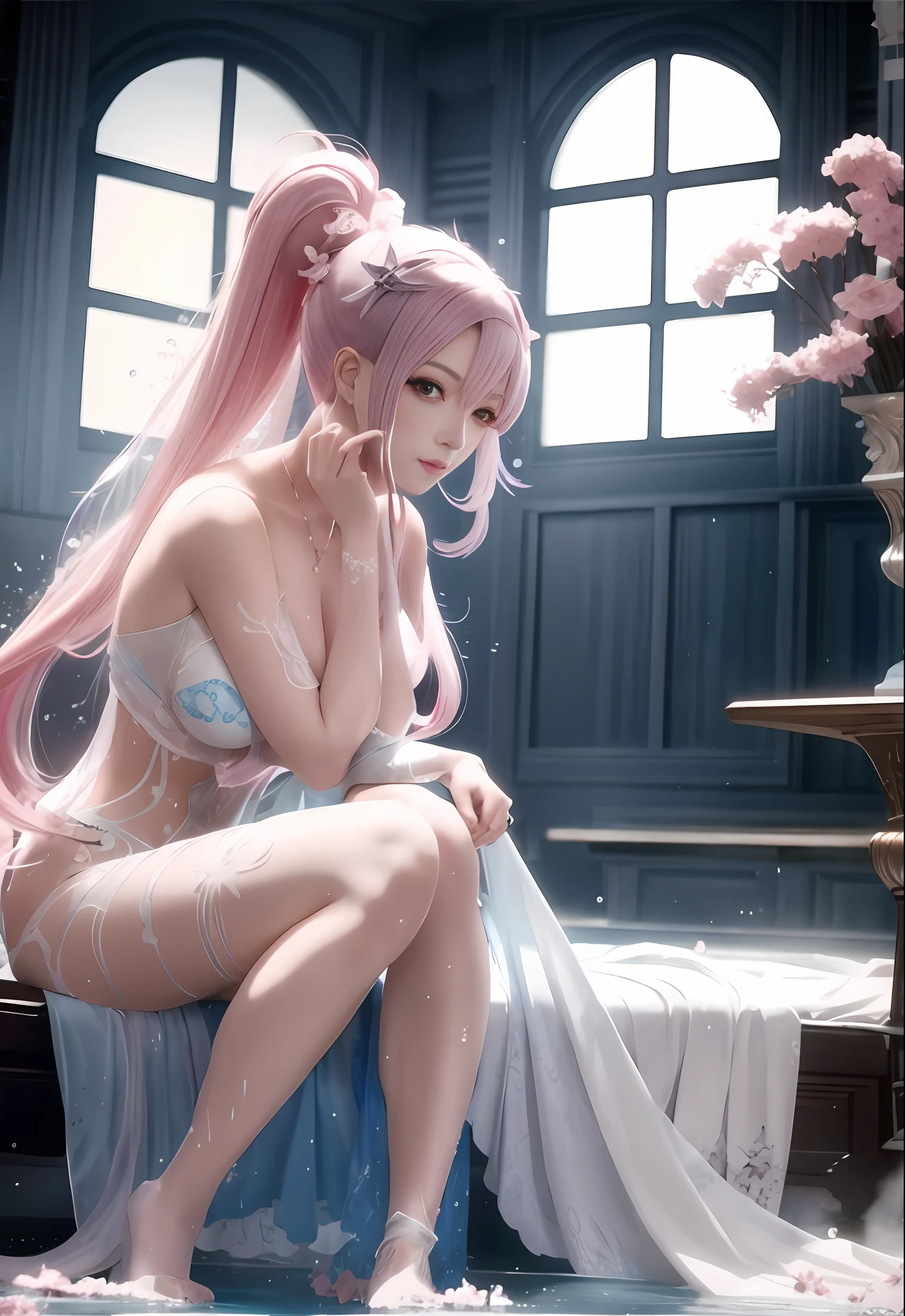 Anime - Style image of a woman in a blue dress sitting in the bathroom, seductive anime girl, Gouviz-style artwork, beautiful and alluring anime woman, 2.5 D CGI anime fantasy artwork, smooth anime CG art, 8K high quality detail art, Guwiz, Guwiz on pixiv art station, Doujin Art Best Art Station Wet body water drops Mist decoration