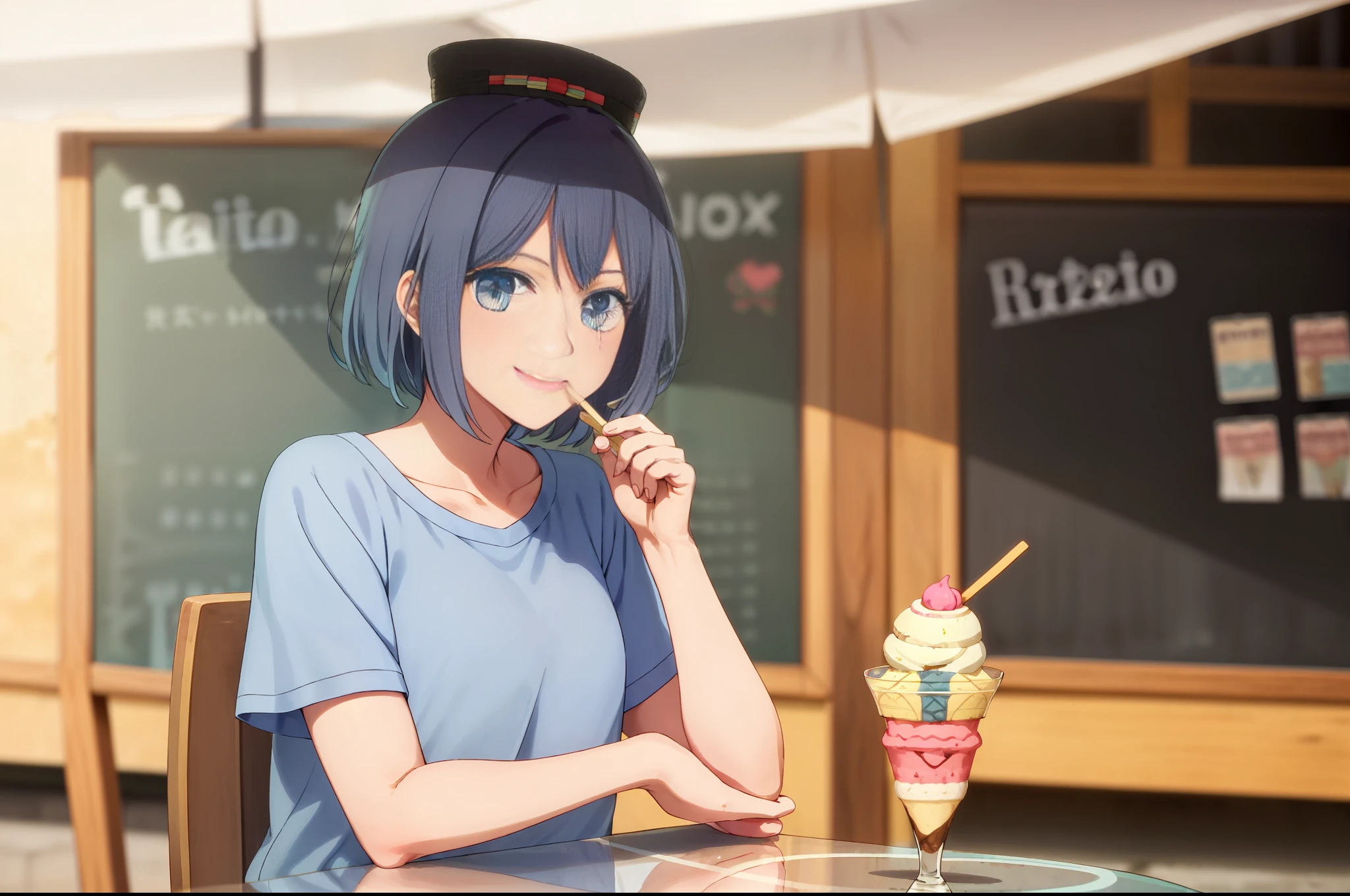 ((gelato on table:1.3)), focus gelato , 1girl, short hair, solo, blue hair, blue eyes, closed mouth, blurry background, upper body, black hair, school uniform, smile, T-shirt, Straw hat