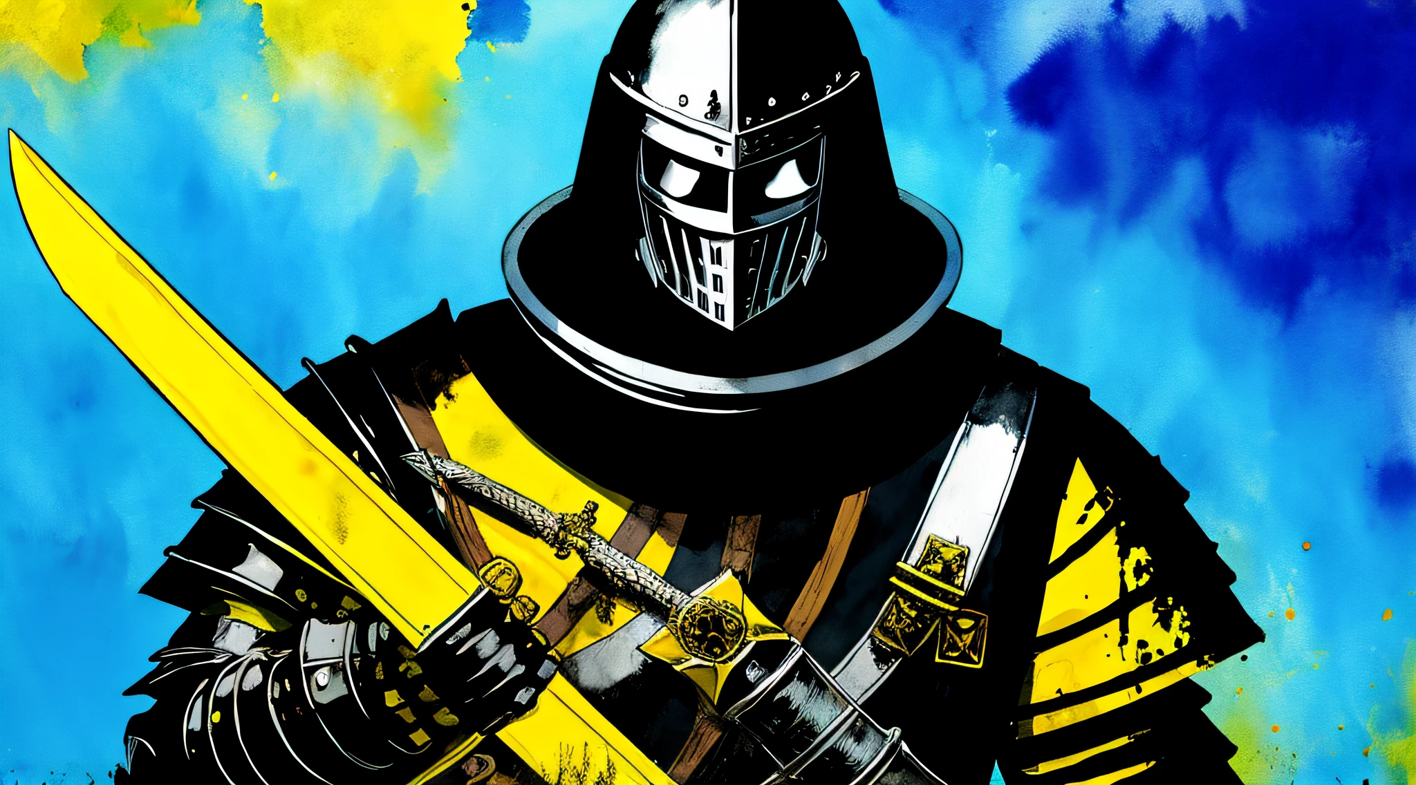 yellow and black, a medieval knight with a large sword, in the style of Mork Borg, strong contrast, grunge dirty punk splash art, zine black metal, color splash background, watercolor