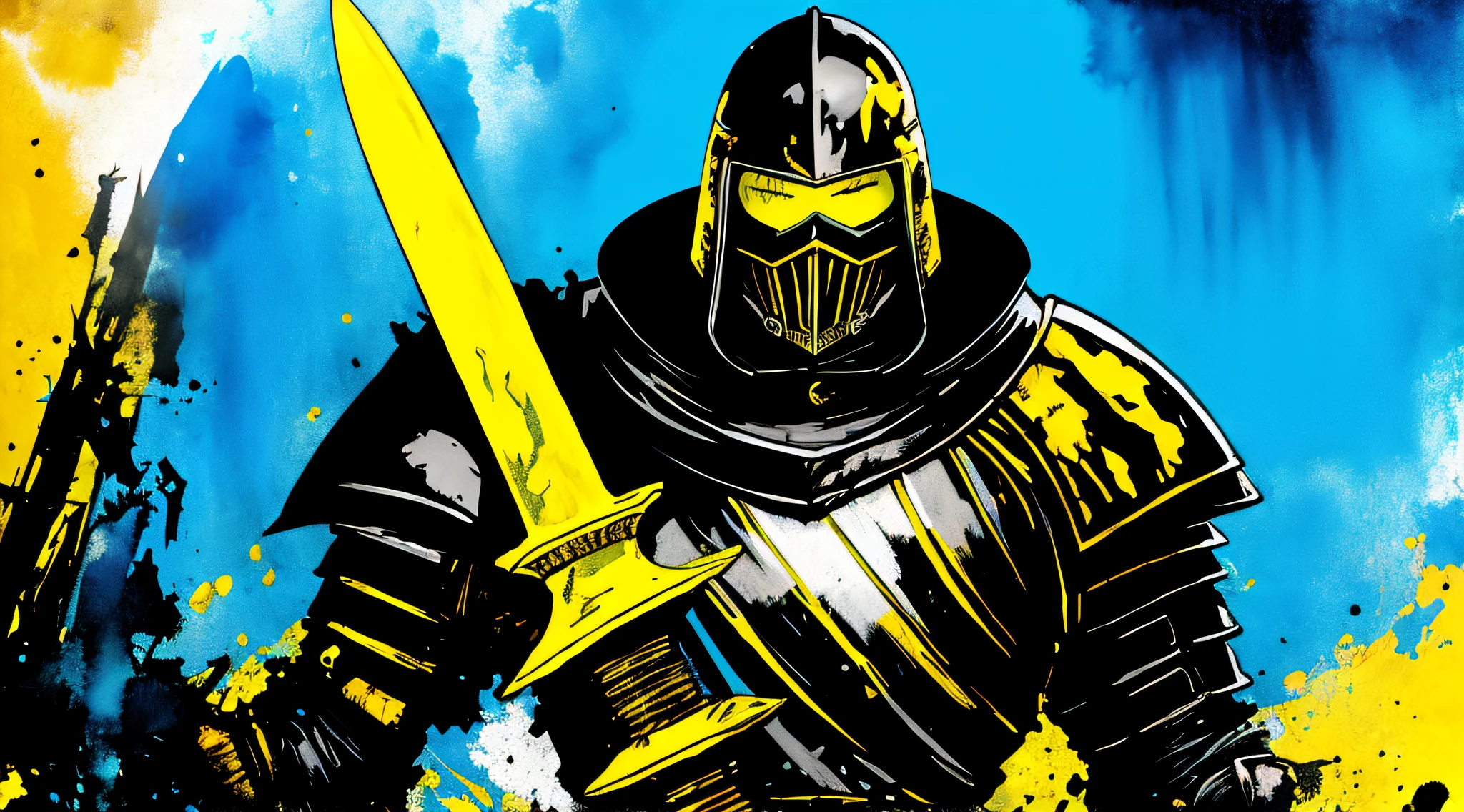 yellow and black, a medieval knight with a large sword, in the style of Mork Borg, strong contrast, grunge dirty punk splash art, zine black metal, color splash background, watercolor