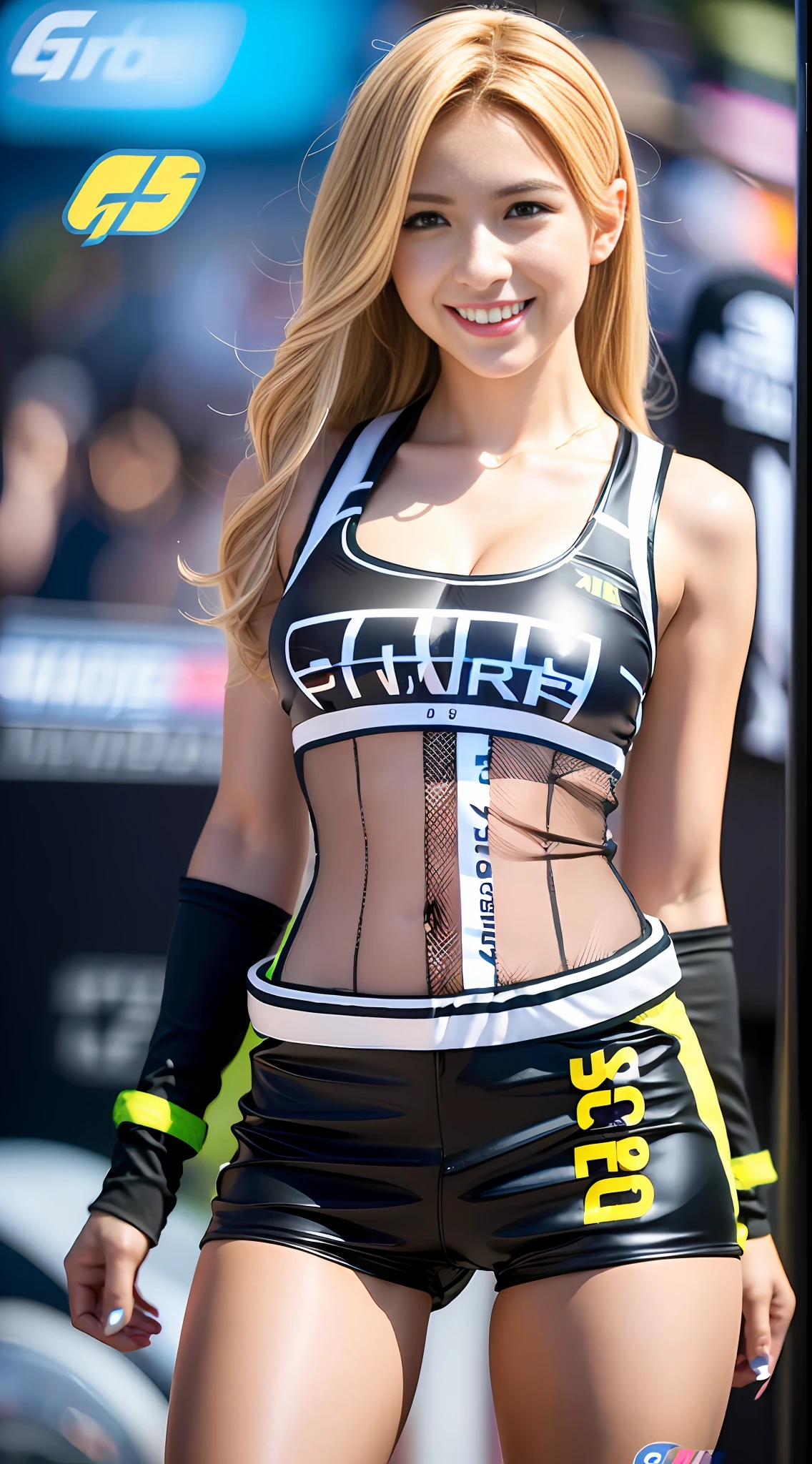 Masterpiece, Ultra High Definition, (Photorealistic:1.4), 8K, RAW Photography, Best Quality, Detail Shadows, Best Quality, Amazing, Fine Detail, Official Art, Absurdity, Soft Lighting, Sharp Focus, (Bokeh:1.5), Frontal Light, Bloom, Movie Lighting, Light on the Face, Look Viewer,Full Body:1.3
1 person, (Small:1), (cleavage:1.2), (Blonde:1.2), Very cute, (Narrow waist:1.8), (Abs:0.7), 23yo,(Clavicle:1), (Light skin:1.5), (Clear skin:1.3), (Cute:1.3), (laughs:1.3), (Grid Girl:1.3), (Race Queen), (Wearing a grid girl costume with sponsor's logo printed on it:1.8), (Colorful: 1.5), (Standing in Motorsport Races: 1.5), (Motor Circuit: 1.5), Racing Car, (Skirt: 1.1), (Sleeveless: 1.8), Knee Boots: 1.5
Photorealistic