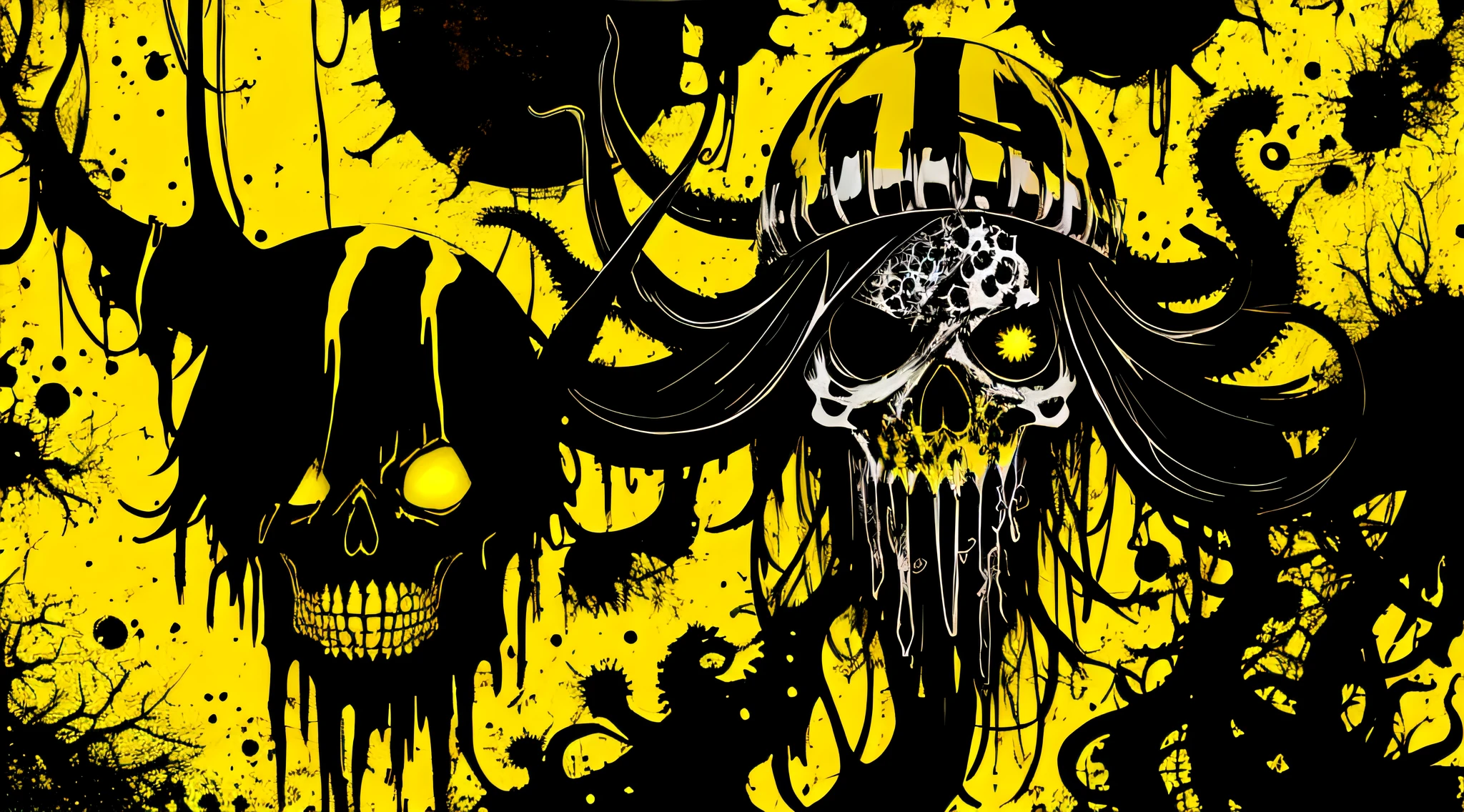 yellow and black, skulls faces with tentacles, in the style of Mork Borg, strong contrast, grunge dirty punk splash art, zine black metal, forest color splash background