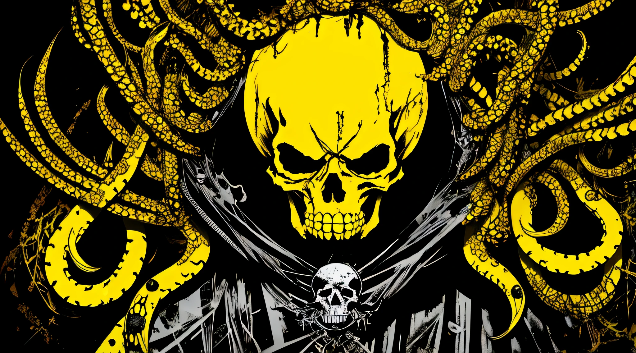 yellow and black, skulls faces with tentacles, in the style of Mork Borg, strong contrast, grunge dirty punk splash art, zine black metal, forest color splash background
