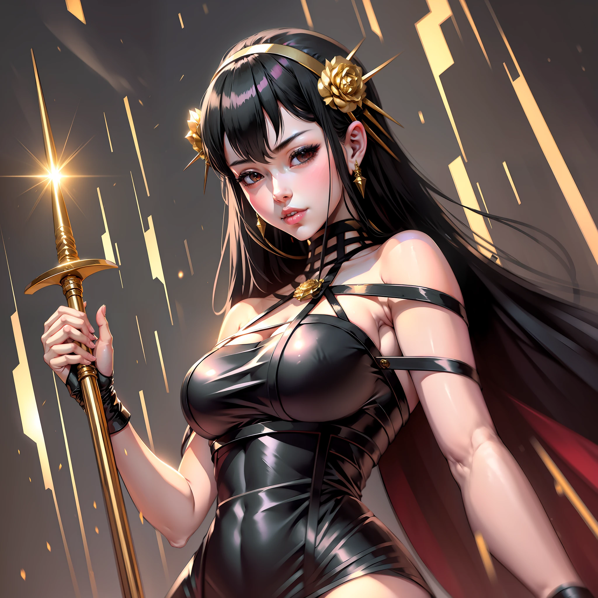 Arafe woman in black dress posing with sword, gold headband, goddess of Japan, succubus in tight short dress