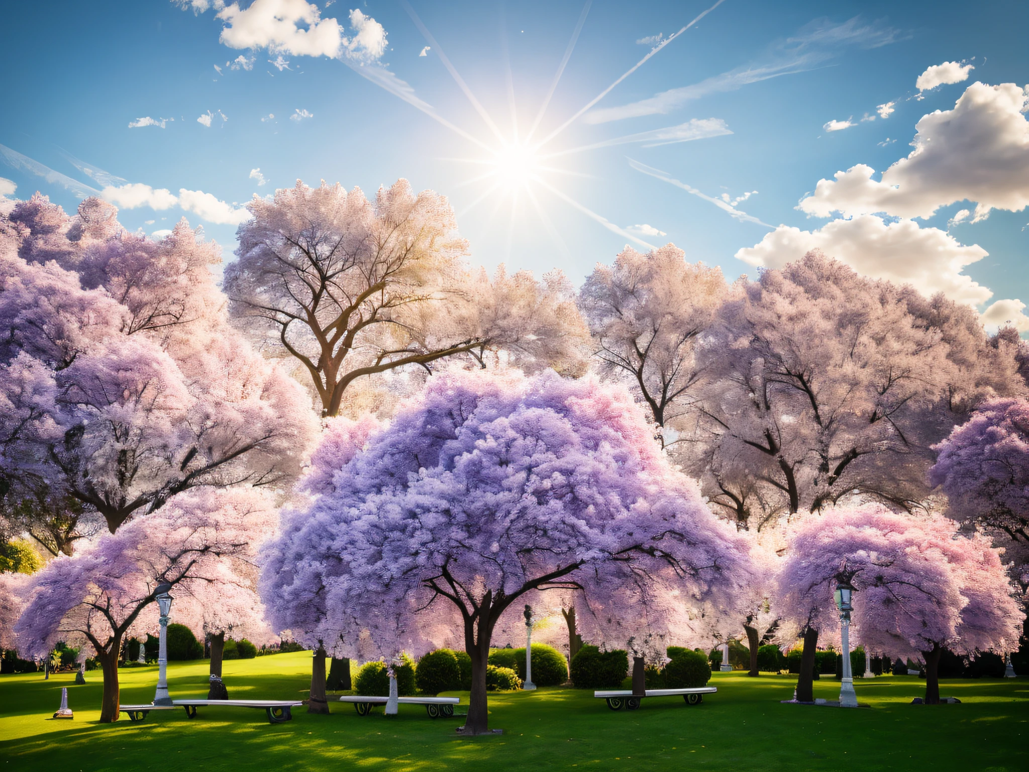 In the bright park, the blue sky and white clouds, flowers blooming, the bench bell tower intertwined with the trees, the early morning sun through the leaves, the spring morning, the charming sunrise, the early morning lighting, the filtered evening light, the quiet park scenery, it is pleasant to make people feel refreshed, highlighting the trees in the background.