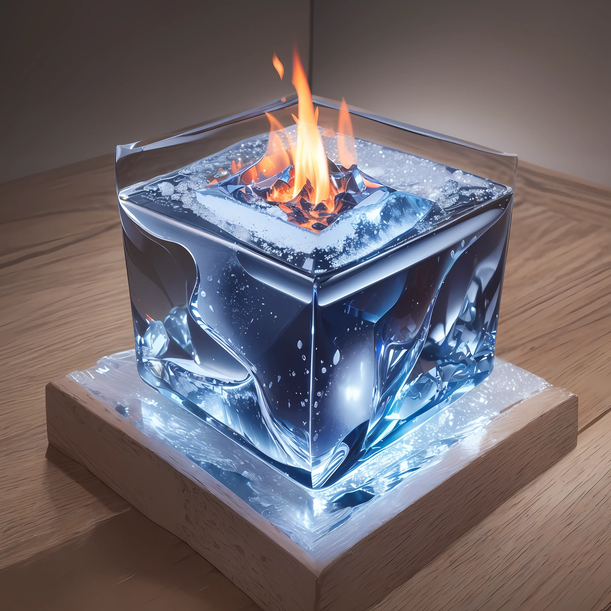 The best picture quality, hyper-detailed, ultra-real, very detailed CG scene, a mysterious flame is wrapped in a cube of ice, the edges and corners of the ice block are smoothed, showing the ultimate heat and extreme ice cold. --auto --s2