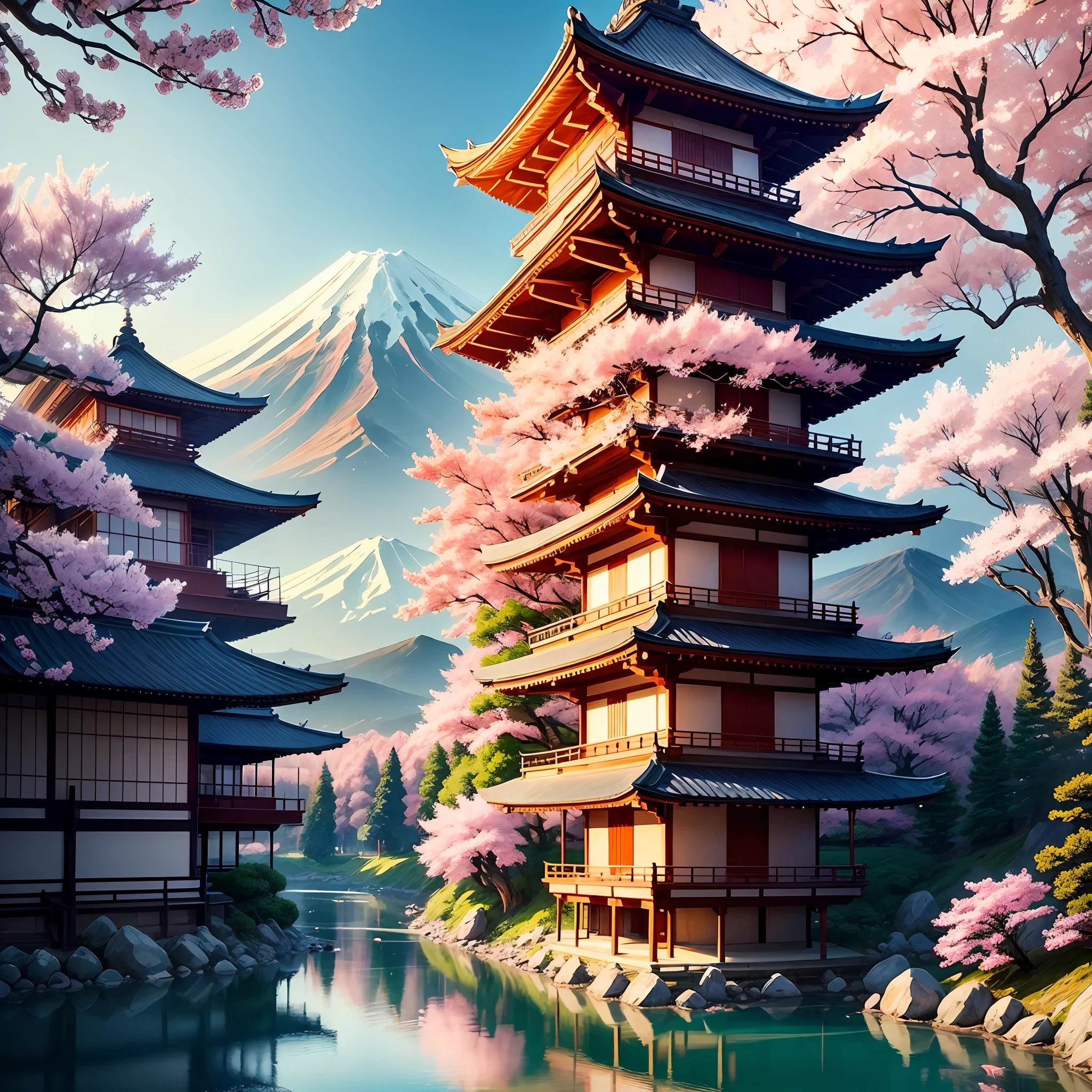 Draw a pretty landscape with oil painting. Imagine a landscape with blue skies and bright sunlight. In the scenery, Mt. Fuji can be seen from a distance, and in the foreground, you can see the five-storied pagoda of Kyoto. Cherry blossoms are also blooming there. Cherry blossoms are a pretty pink color. There are no people around. It is an image of a five-storied pagoda and cherry blossoms spreading a warm atmosphere. Please draw that lovely scenery in a fairytale way.