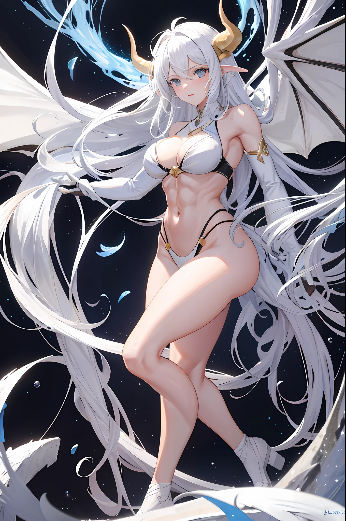 Dragon girl, white super long hair, dragon horns, dragon tail, dragon wings, abs, leg muscles, big , 