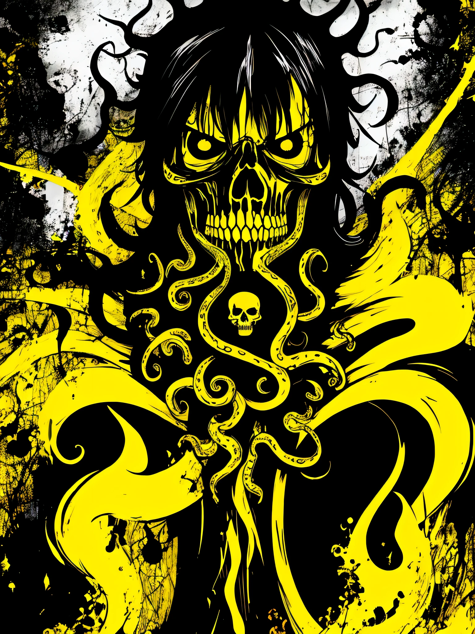 yellow and black, skulls faces with tentacles, in the style of Mork Borg, strong contrast, grunge dirty punk splash art, zine black metal, forest color splash background