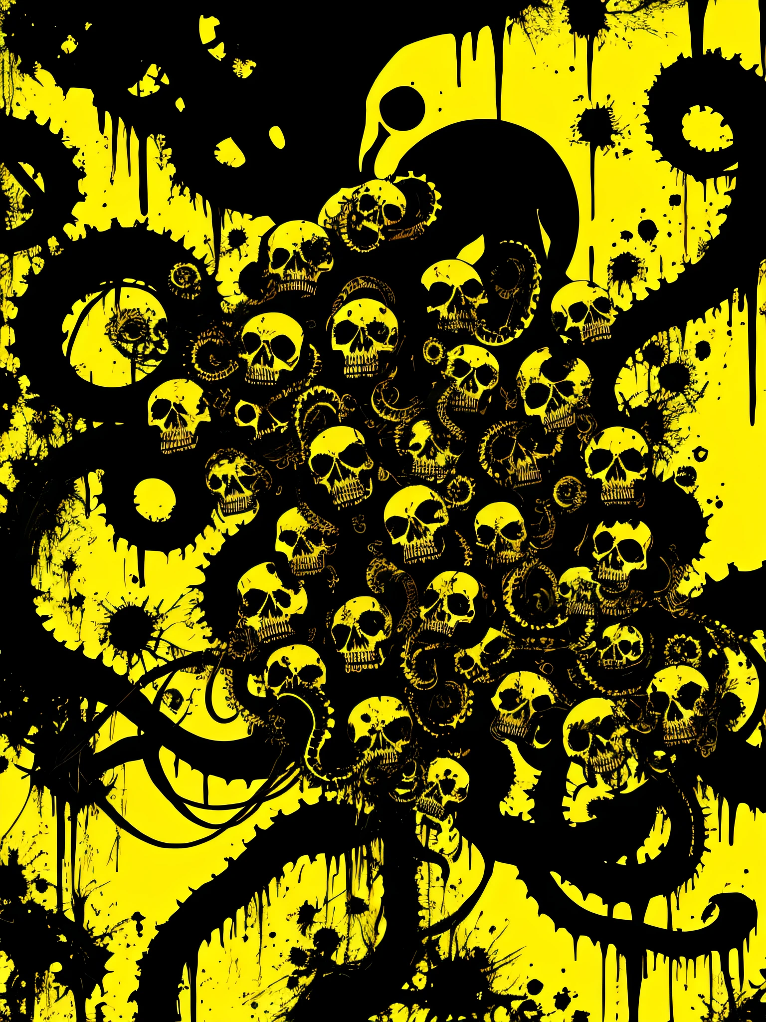 yellow and black, skulls faces with tentacles, in the style of Mork Borg, strong contrast, grunge dirty punk splash art, zine black metal, forest color splash background