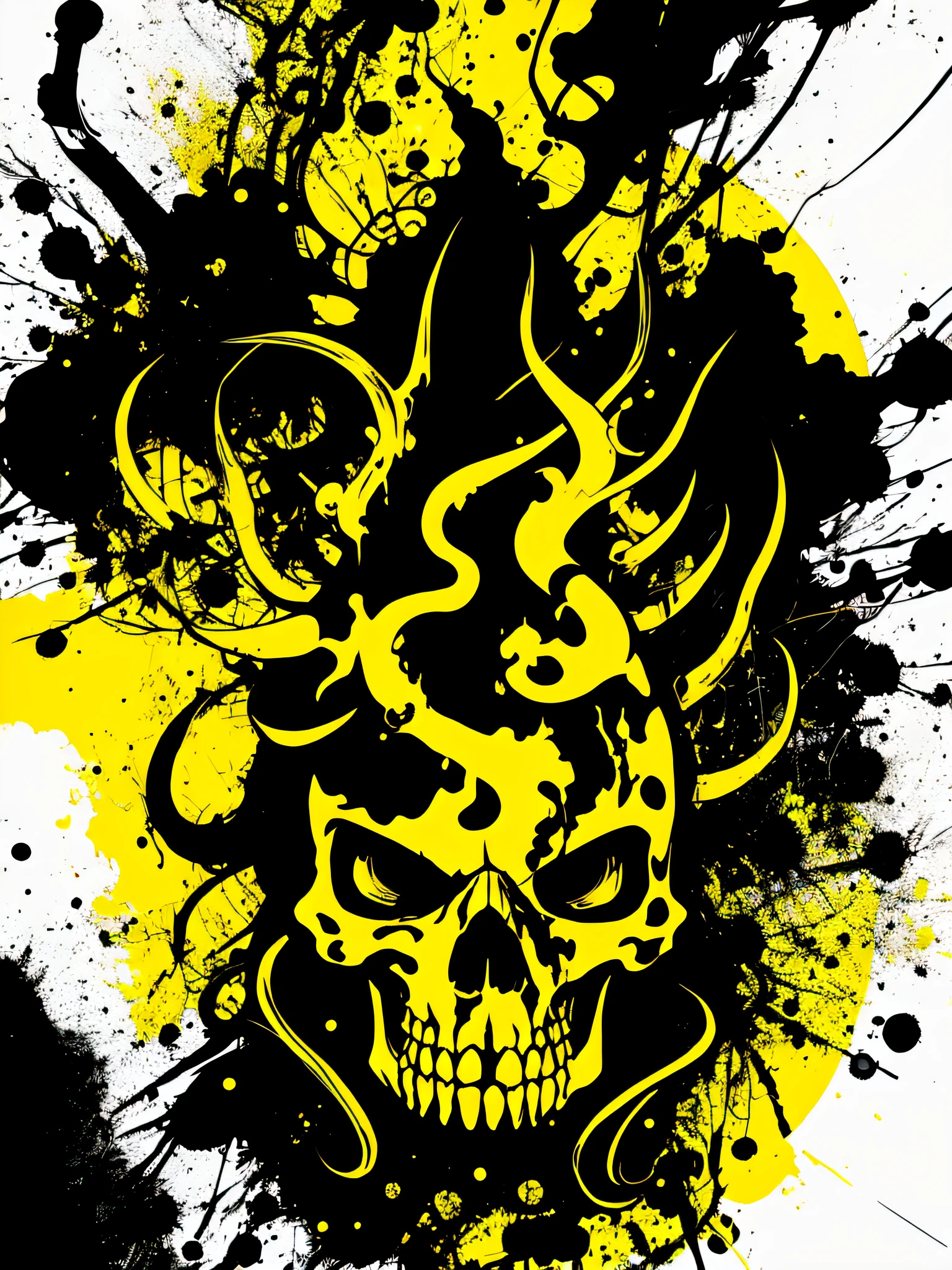 yellow and black, skulls faces with tentacles, in the style of Mork Borg, strong contrast, grunge dirty punk splash art, zine black metal, forest color splash background