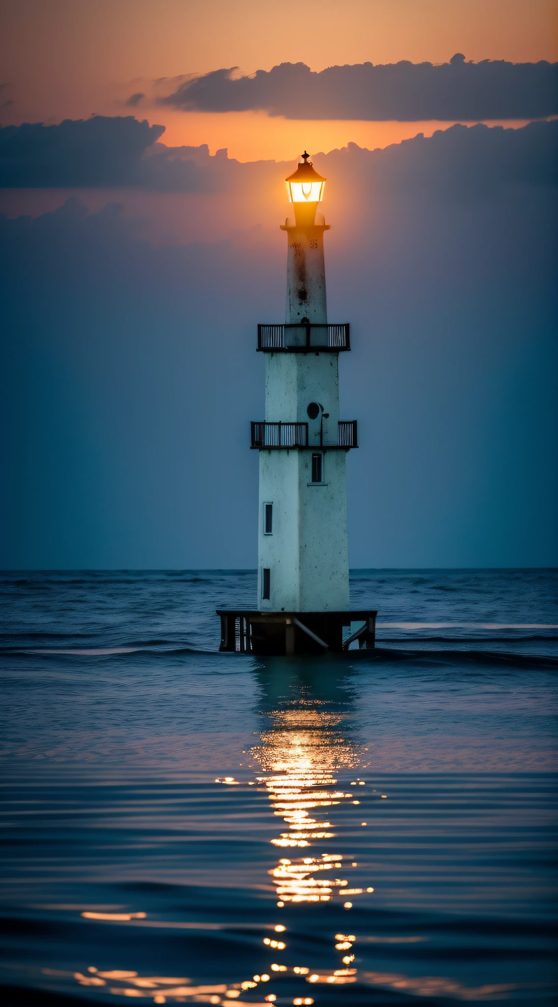 there is a light that is on a buoy in the water, a digital rendering by Bob Ringwood, flickr, digital art, one point light, single flooded tower, dingy lighting, boat with lamp, illuminating the area, on the ocean, flooded tower, volumetric underwater lighting, light from bottom, farol da barra, middle of the ocean, search lights