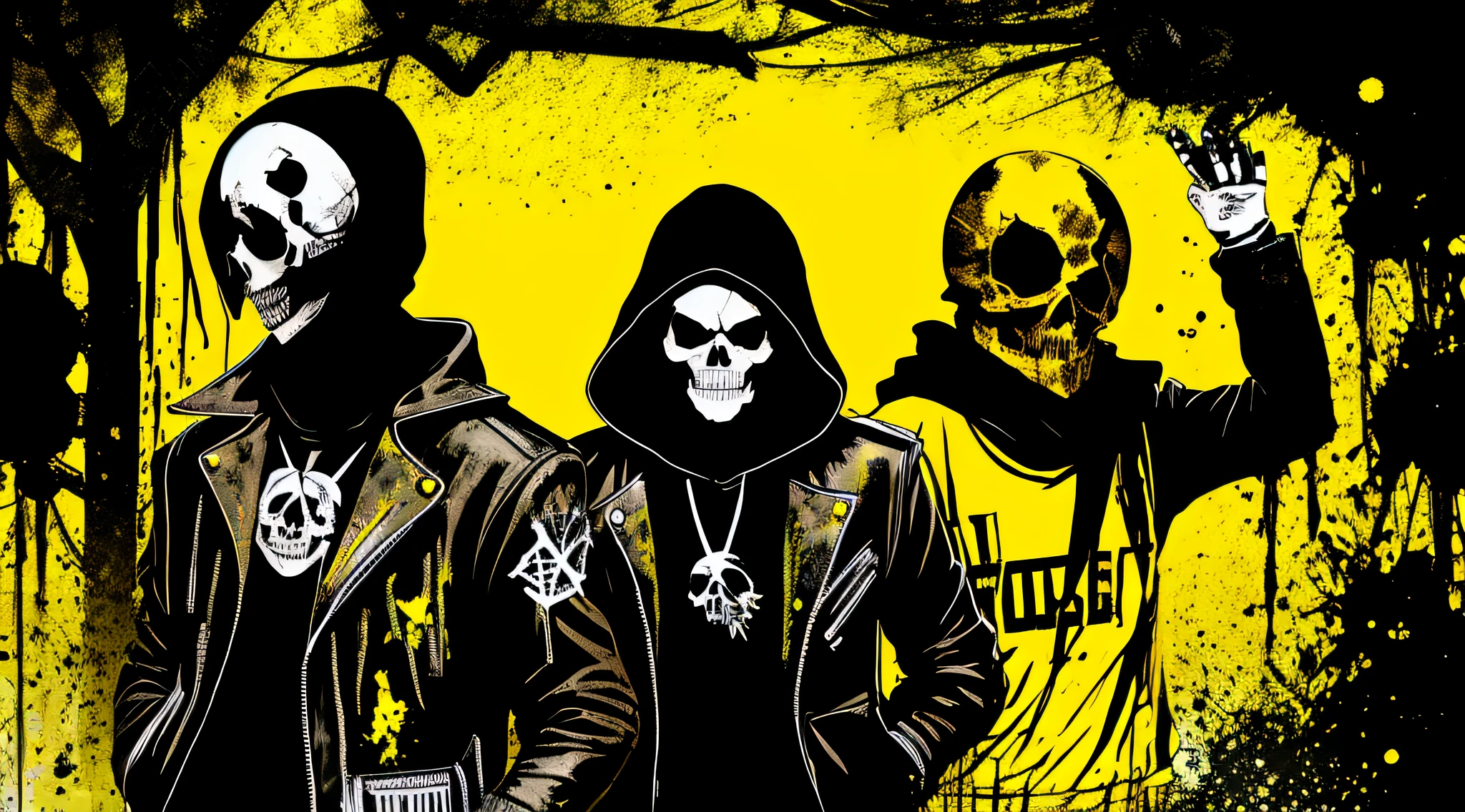 yellow and black, skull face cultists, in the style of Mork Borg, strong contrast, grunge dirty punk splash art, zine black metal, forest color splash background
