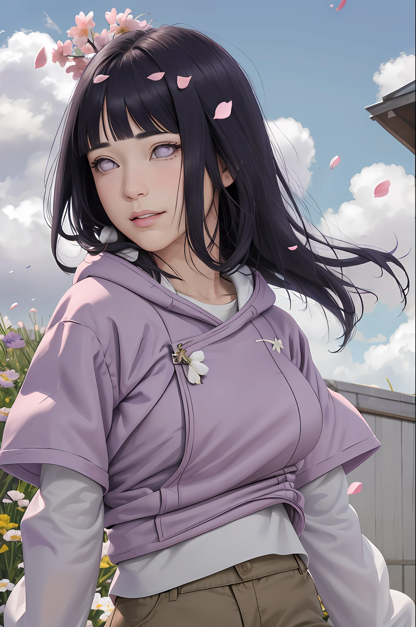 masterpiece, absurdres, hinata\(boruto\), 1girl, solo,mature female, purple hoodie,layered sleeves, brown pants,  outdoors,lavender flower field, looking at viewer, (falling petals), cloudy sky, perfect composition, detailed lips, big breast, beautiful face, body propotion, blush, (pink lips), long hair,  purple eyes,  soft gaze, sad smile,  super realistic, detailed, photoshoot, realistic face and body,  realistic hair, realistic eyes, realistic nose, realistic lips