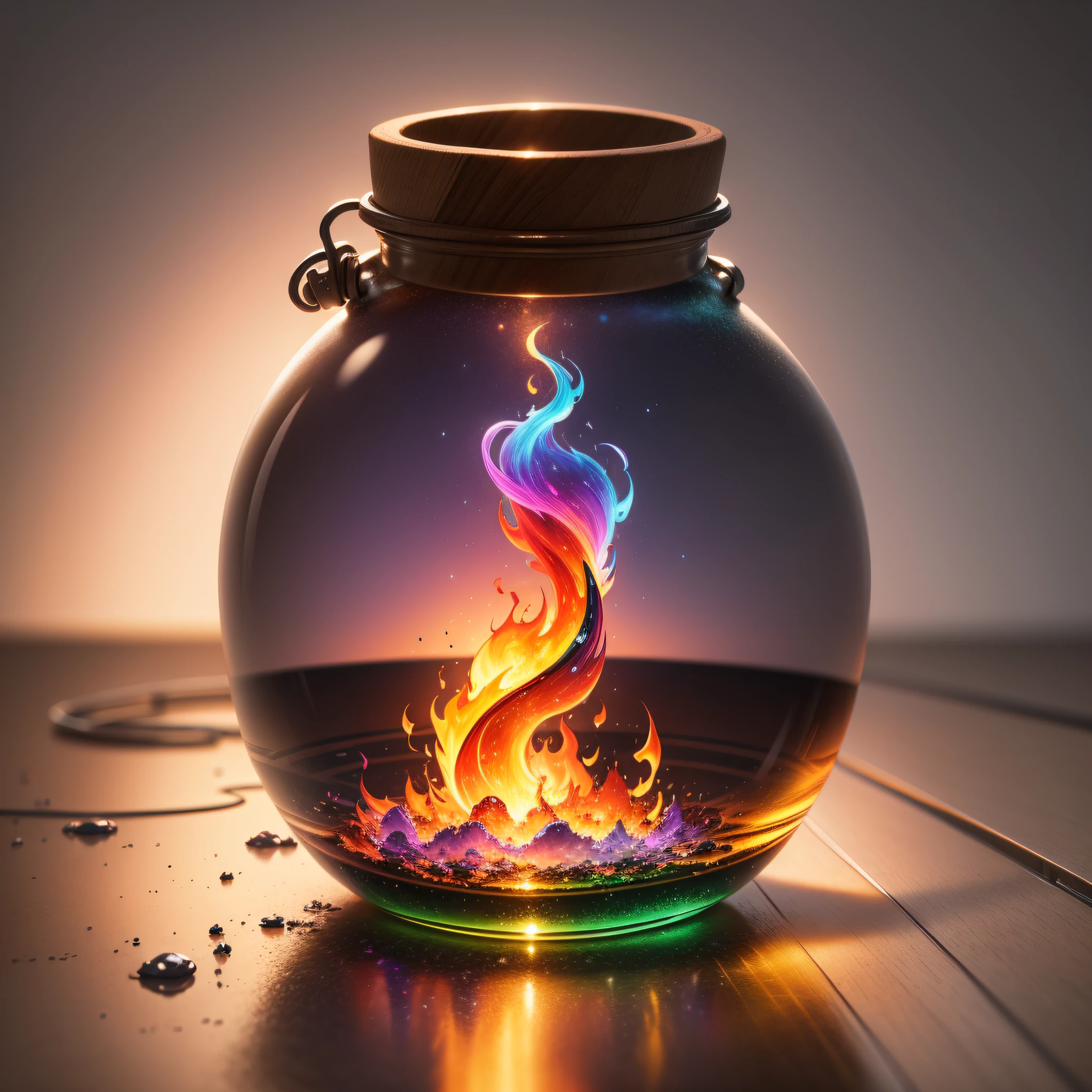 An extraordinary masterpiece that captures the essence of a rainbow flame imprisoned in a seemingly ordinary glass bottle. Rendered in breathtaking 8k resolution, this piece is highly detailed, showcasing impeccable quality that truly sets it apart, (mid-night background)